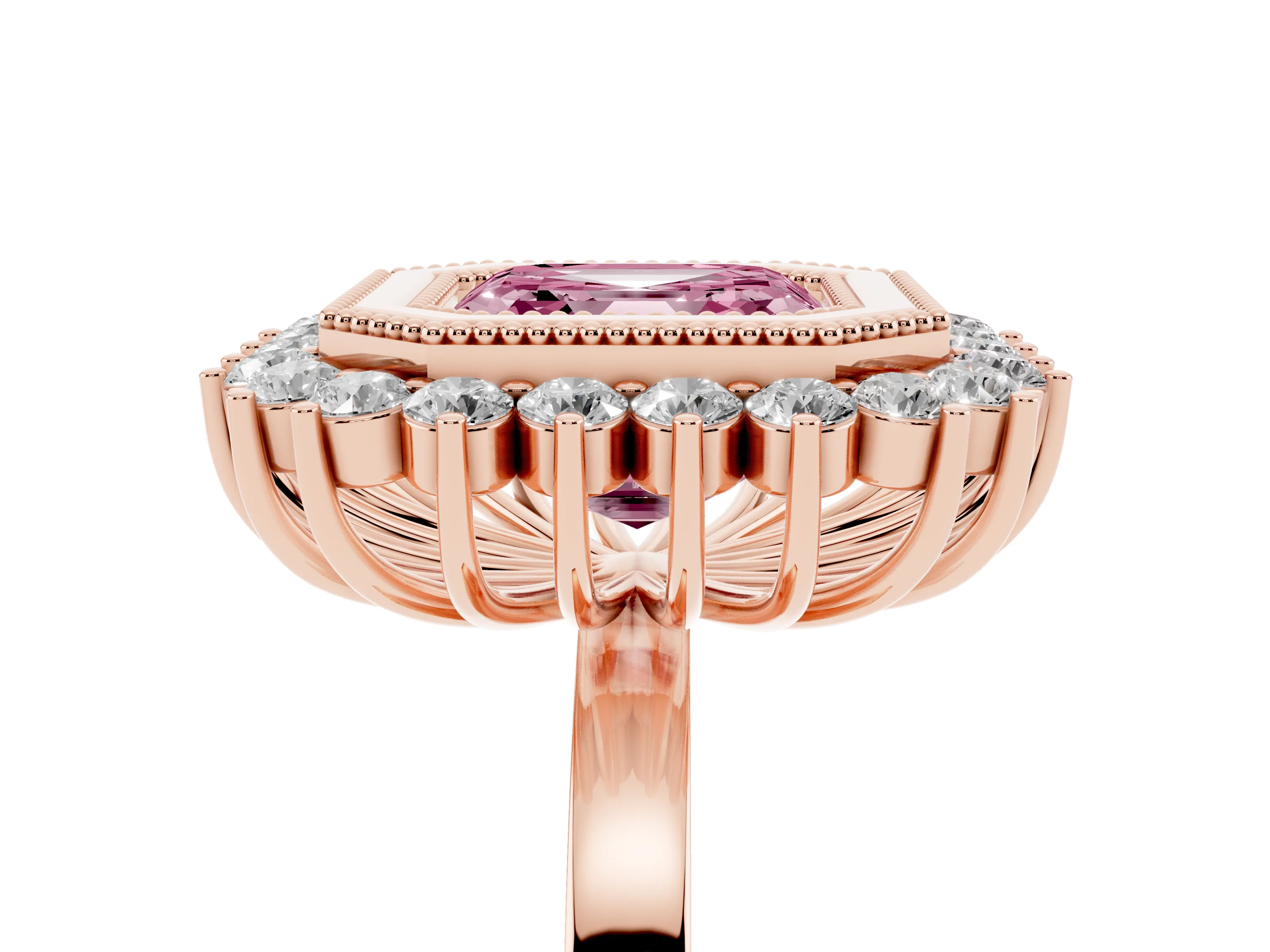 Fancy Pink Asscher Cut Diamond Halo Ring Set in Rose gold with Milgrain Edge and Round Prong Setting