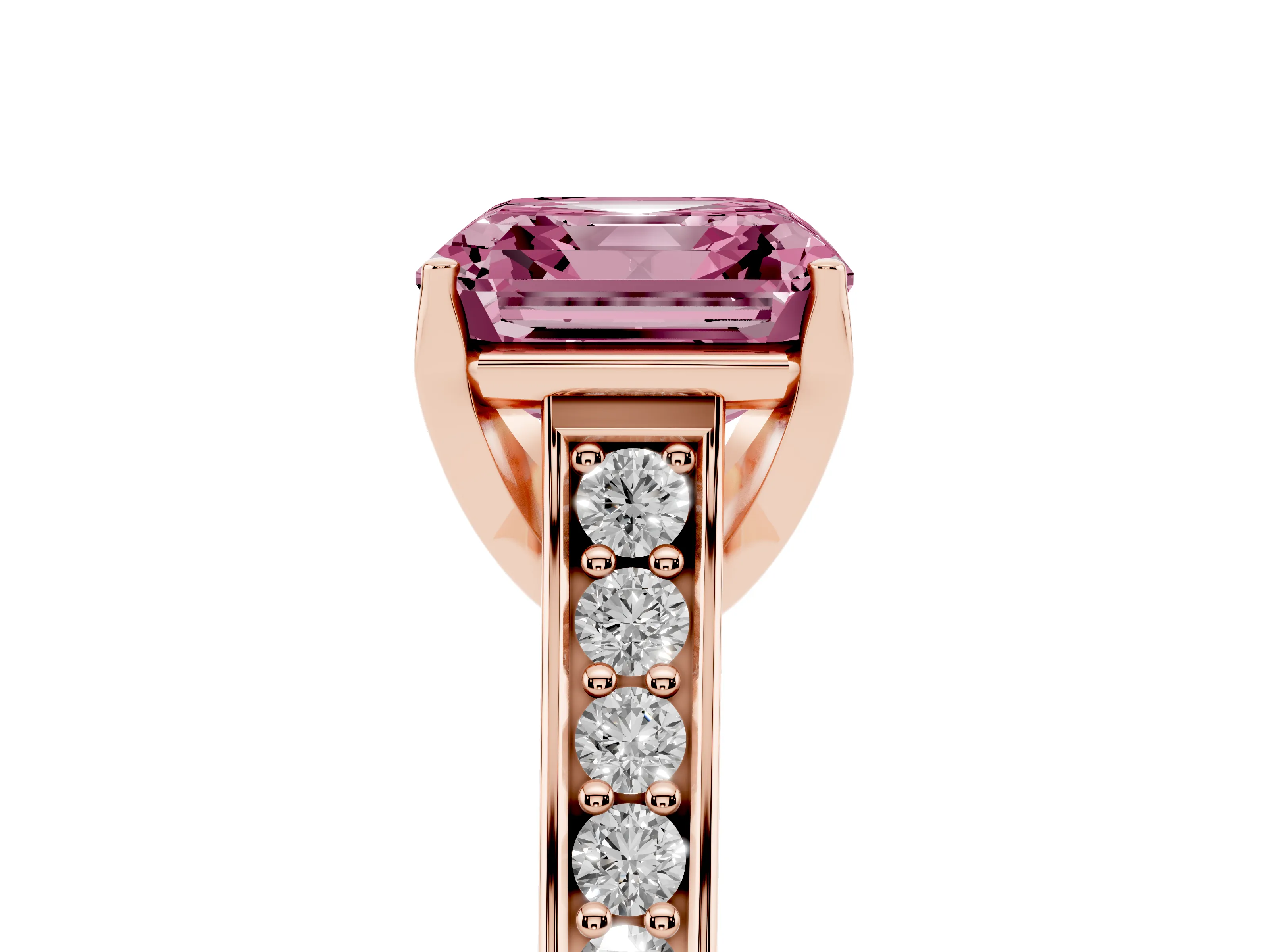 Fancy Pink Asscher Cut Diamond Solitaire Pavé Engagement Ring Set in Rose gold with Prong Setting