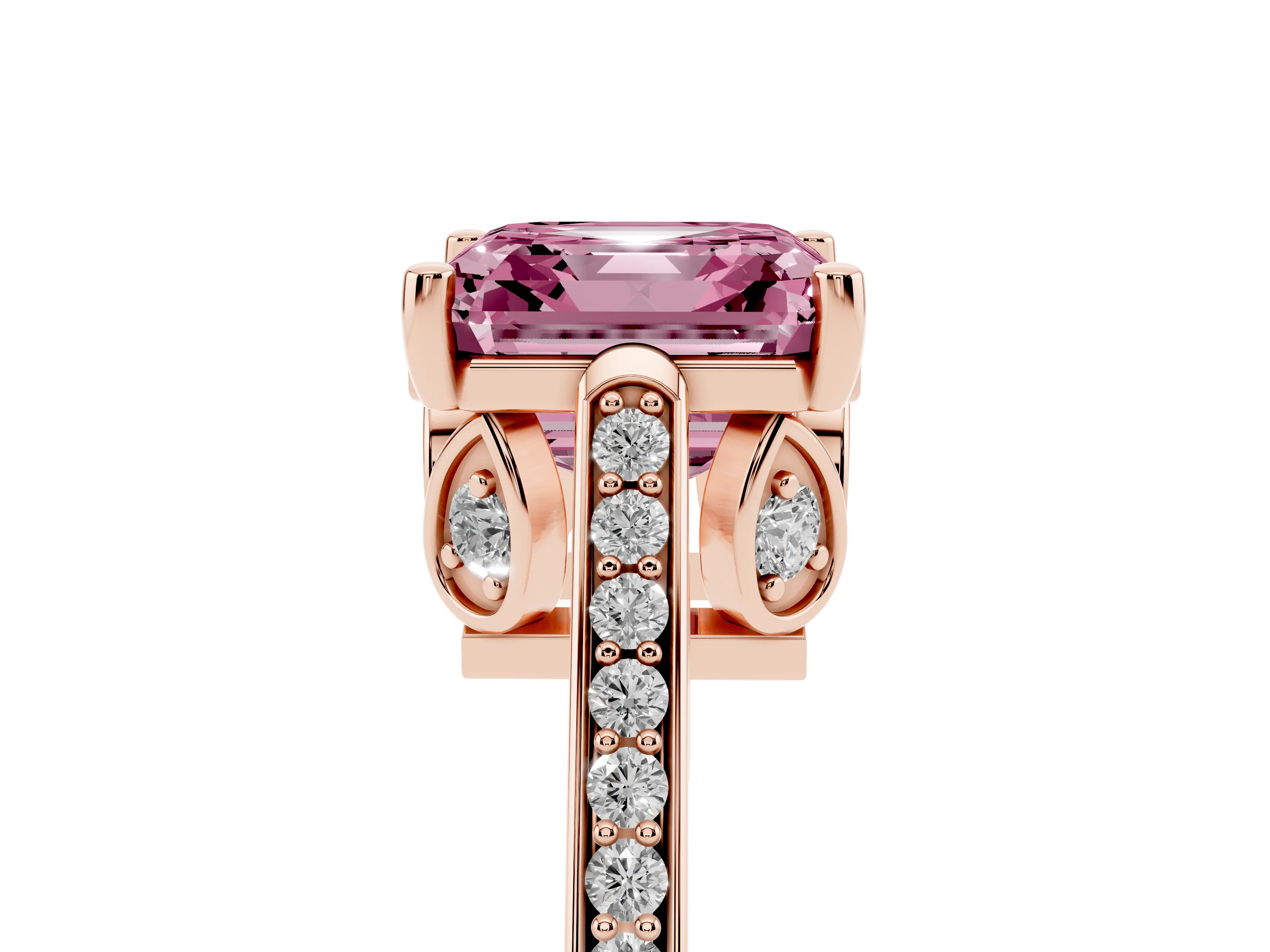 Fancy Pink Asscher Cut Diamond Cathedral Pavé Engagement Ring Set in Rose gold with Prong Setting