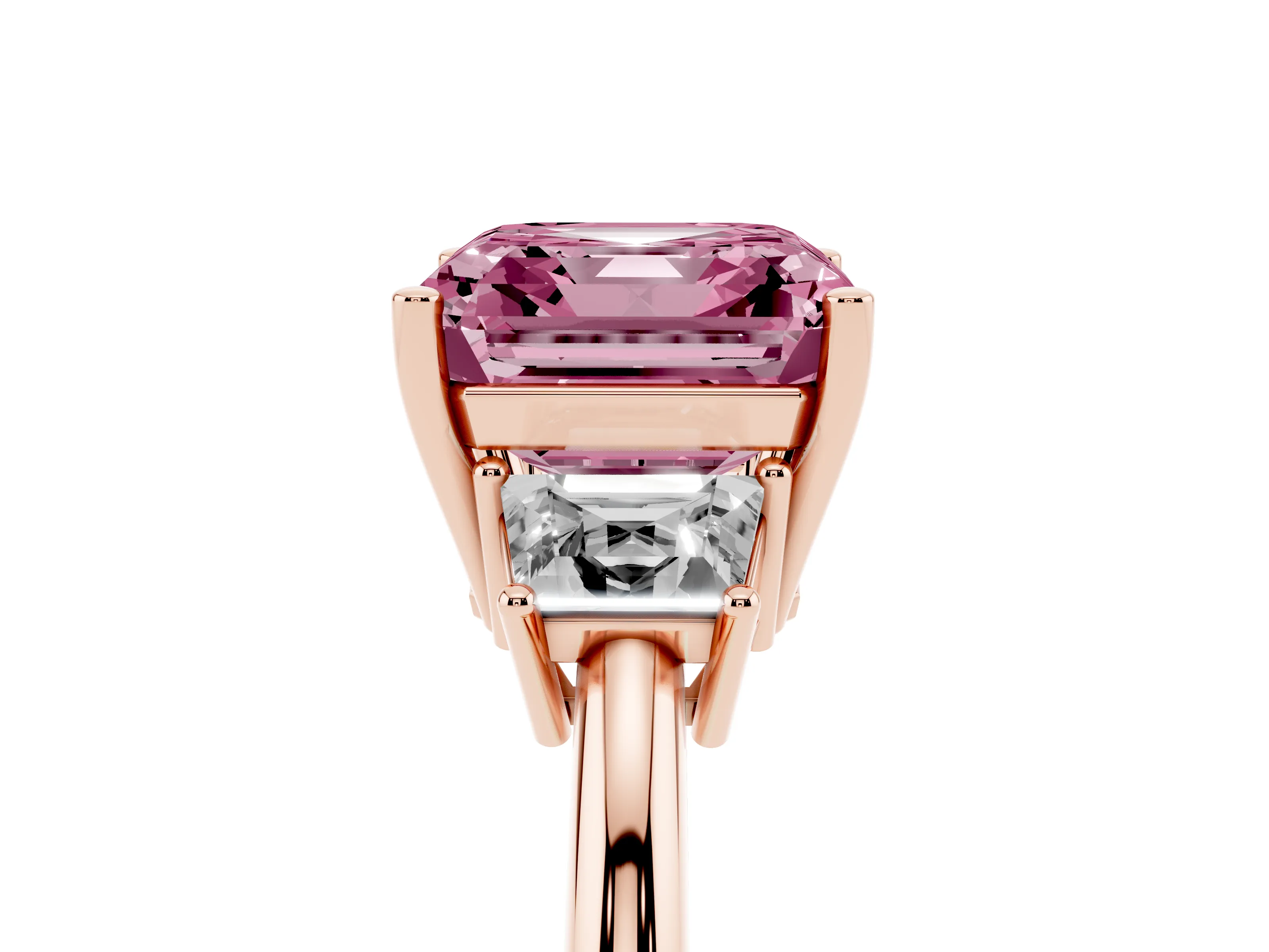 Fancy Pink Asscher Cut Diamond Three-Stone Ring Set in Rose gold with Trapezoid Side Stones and Prong Setting