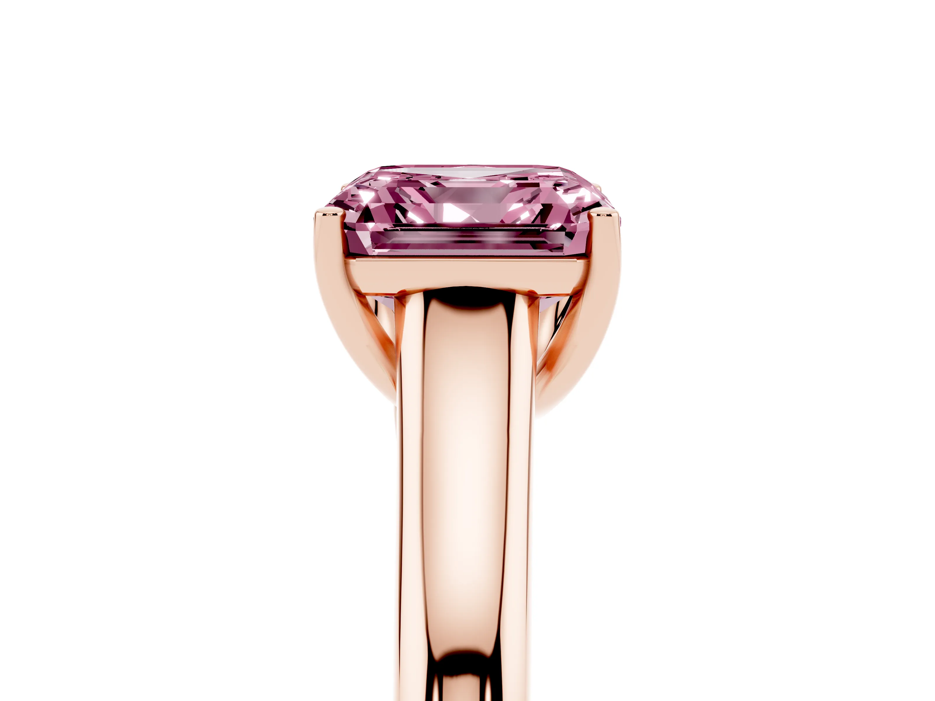 Fancy Pink Asscher Cut Diamond Solitaire Engagement Ring Set in Rose gold with Subtly Tapered Band and Prong Setting