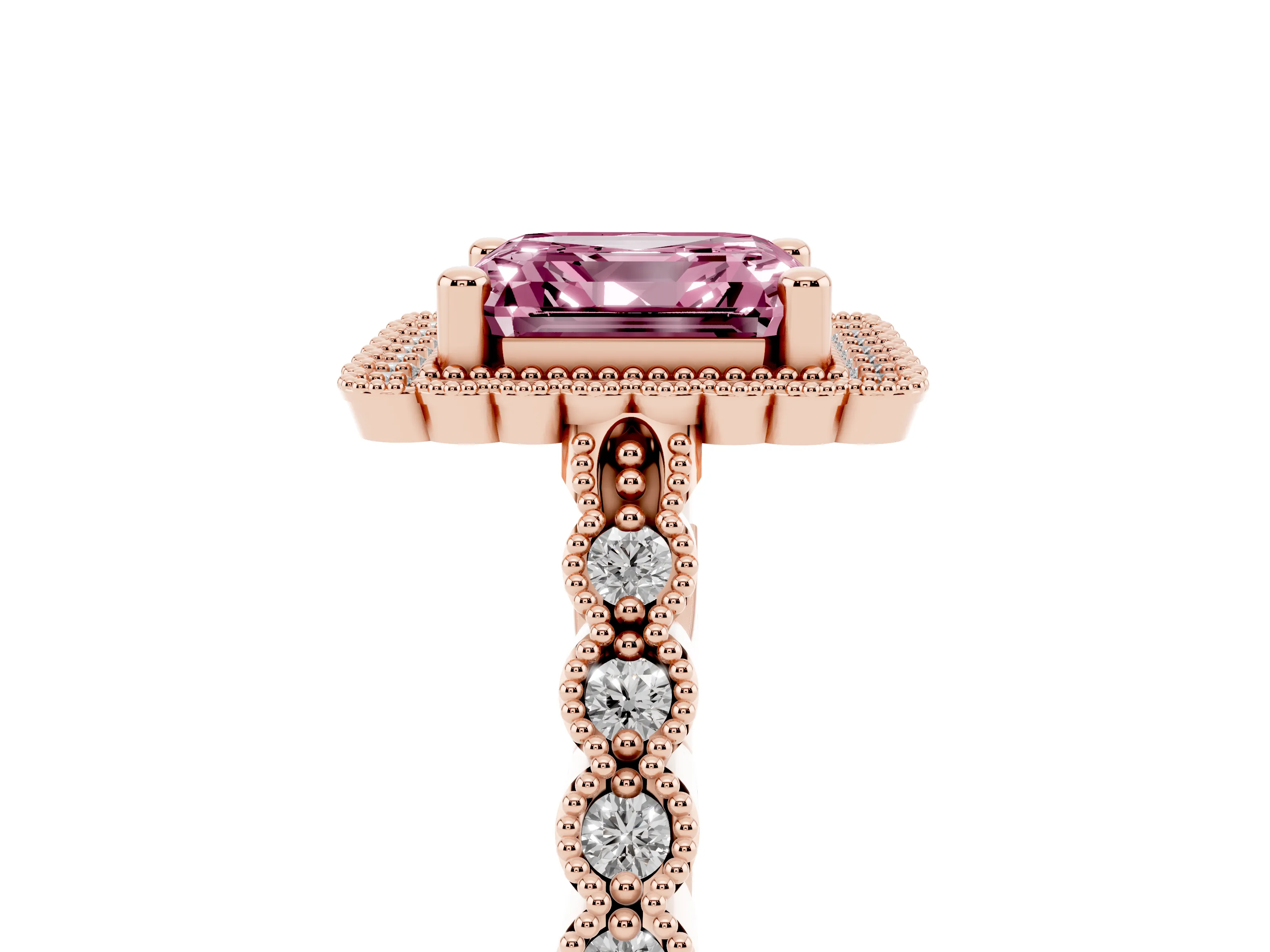 Fancy Pink Asscher Cut Diamond Halo Ring Set in Rose gold with Pavé Milgrain Band