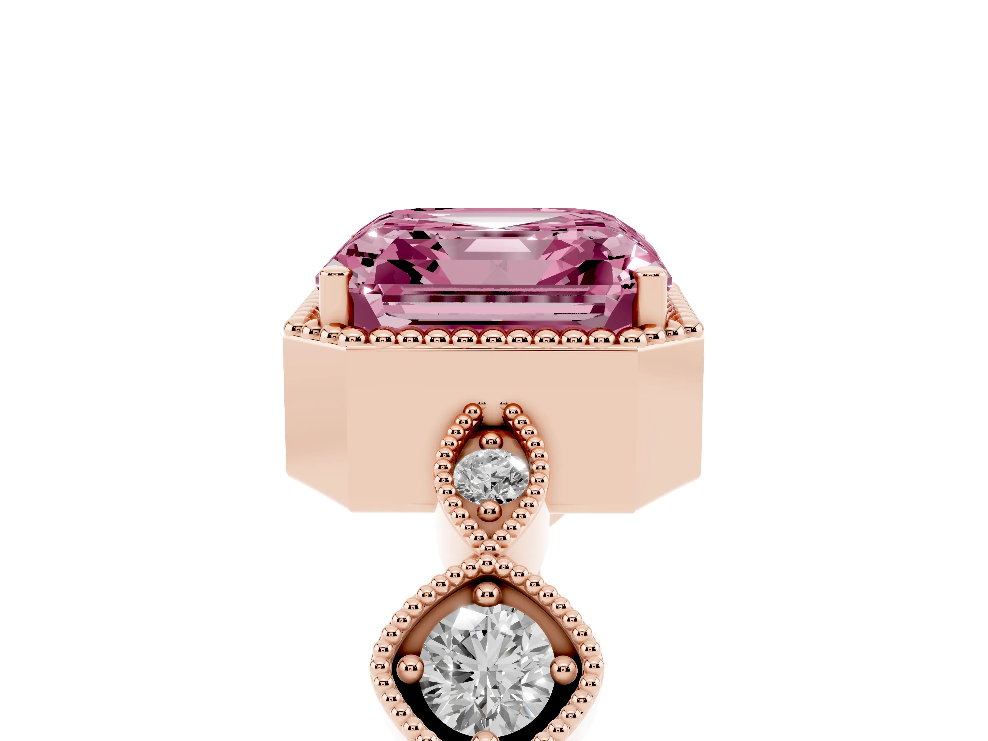 Fancy Pink Asscher Cut Diamond Vintage-Inspired Milgrain Ring Set in Rose gold with Marquise Stations of Round Accents