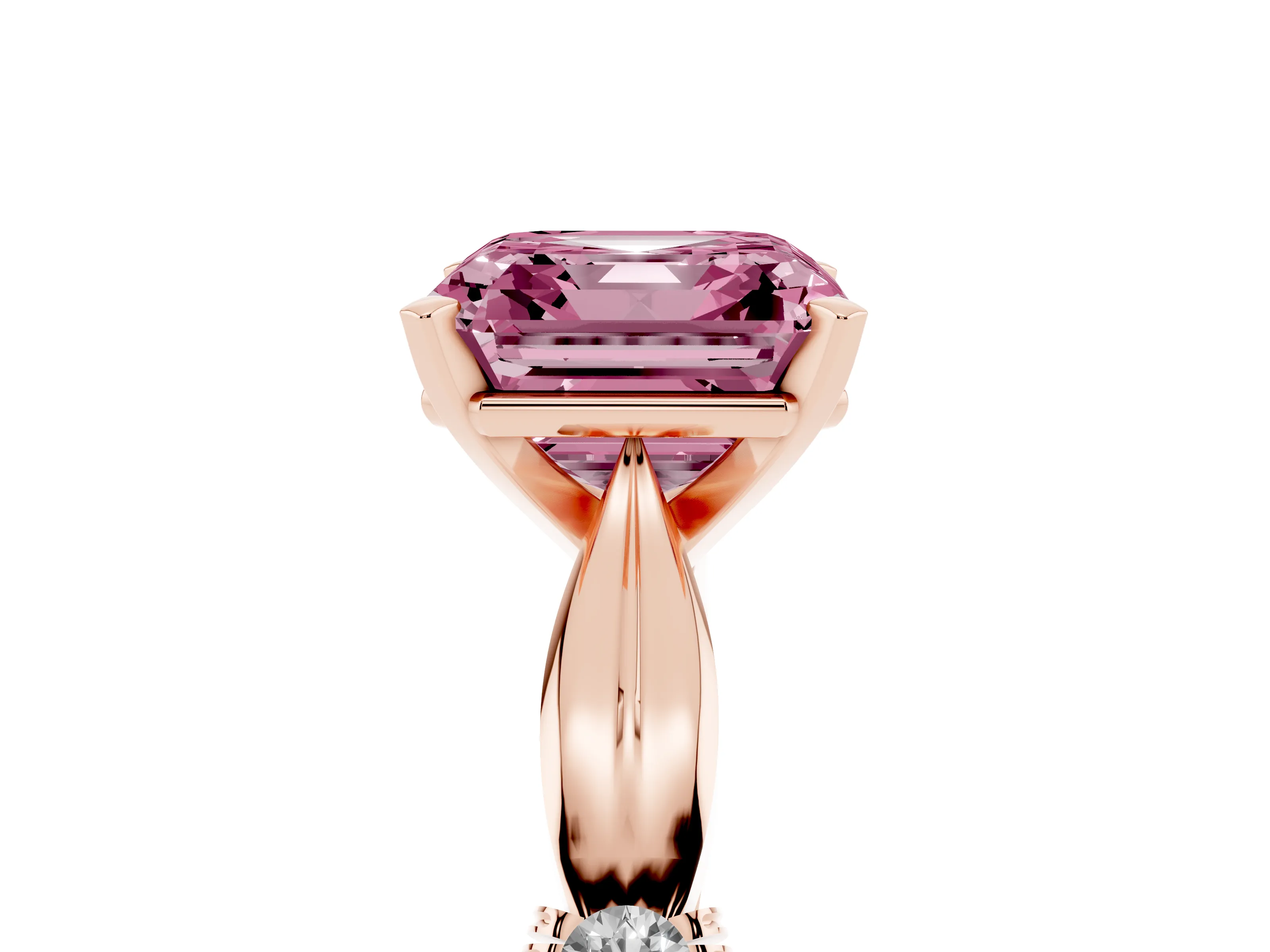 Fancy Pink Asscher Cut Diamond Solitaire Twisted Band Ring Set in Rose gold with Accent Stones and Prong Setting
