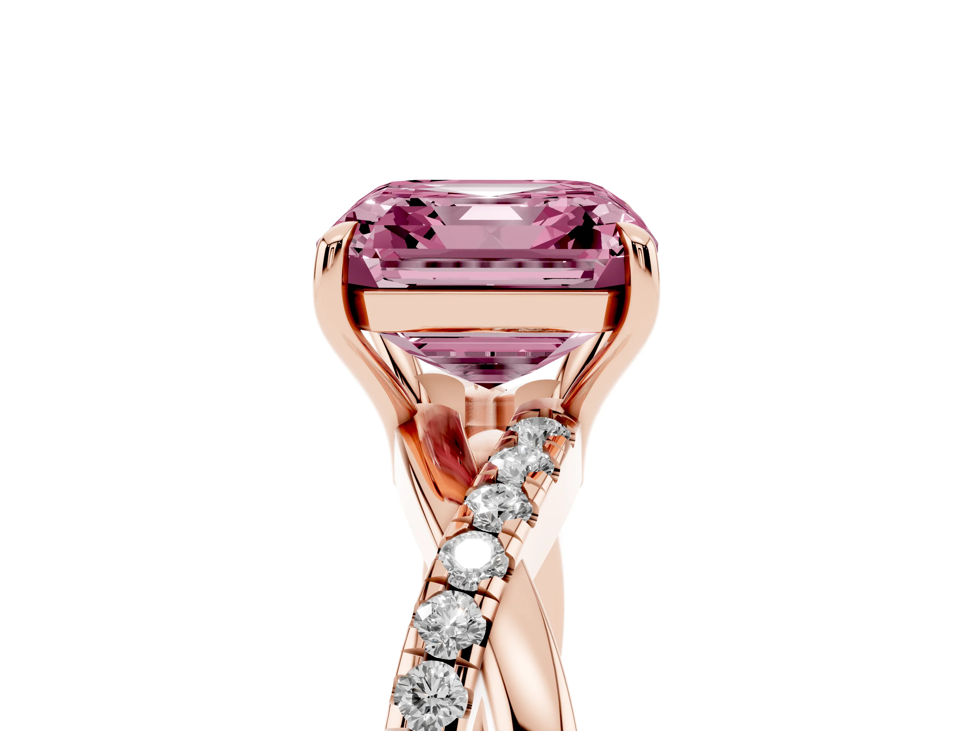 Fancy Pink Asscher Cut Diamond Twisted Pavé Band Ring Set in Rose gold with Prong Setting