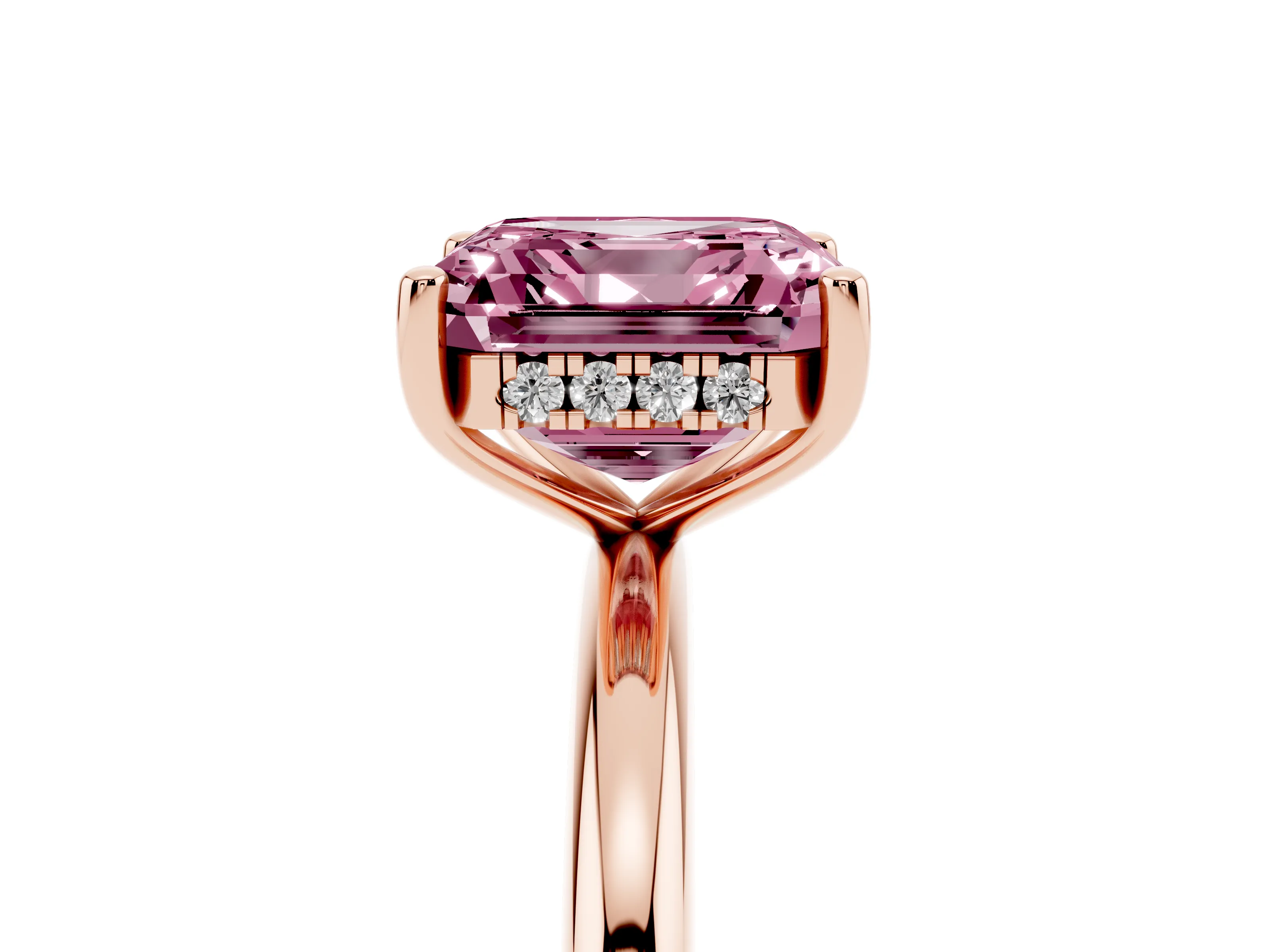 Fancy Pink Asscher Cut Diamond Solitaire Engagement Ring Set in Rose gold with Prong Setting and Polished Band