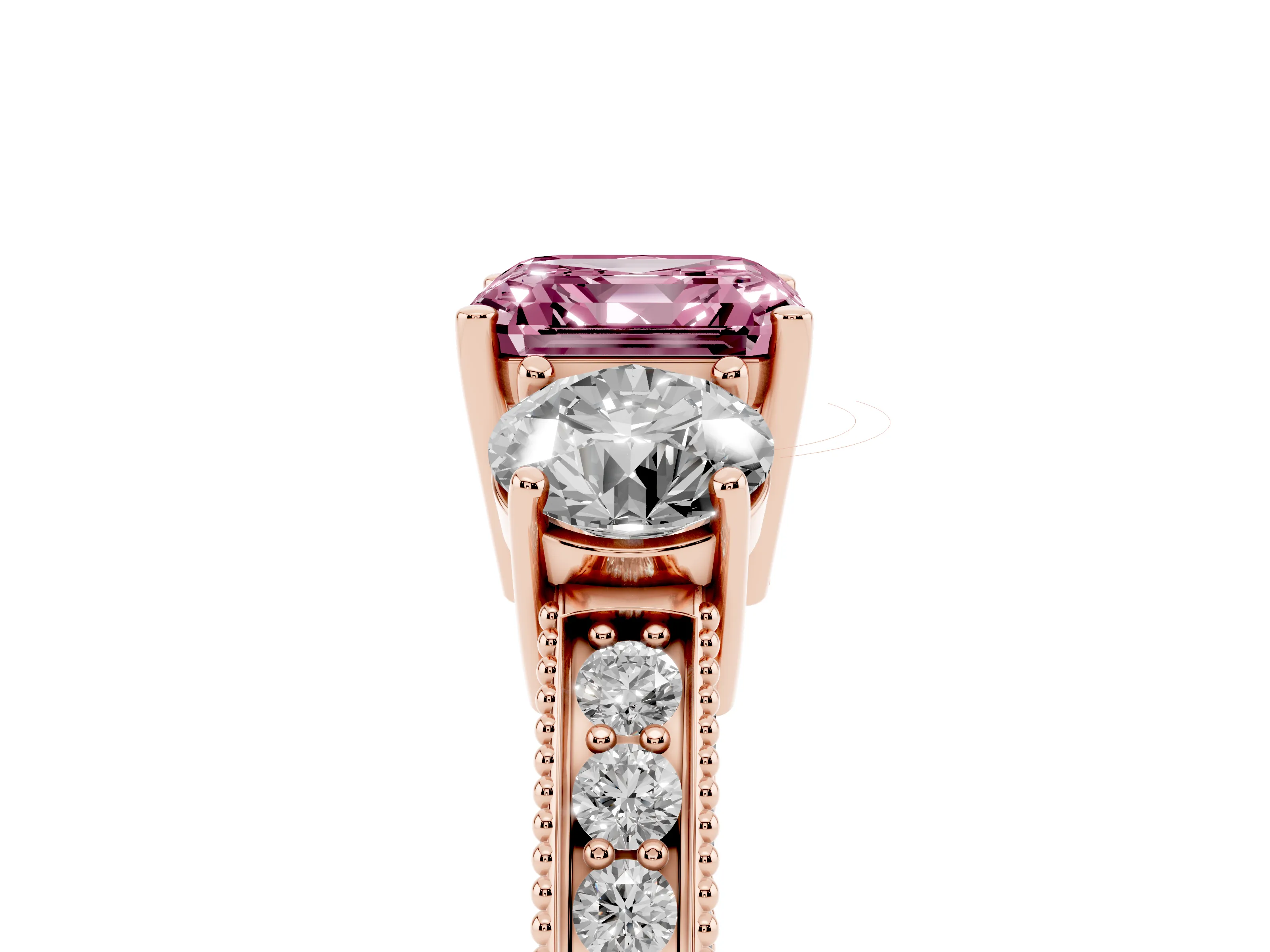 Fancy Pink Asscher Cut Diamond Three-Stone Ring Set in Rose gold with Round Side Stones and Pavé Band