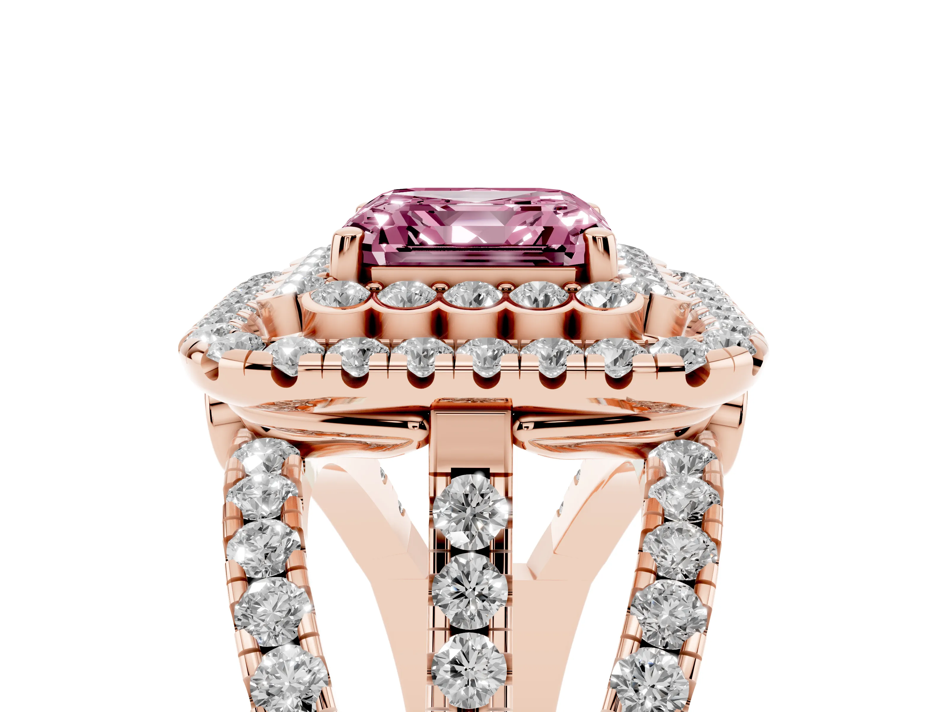 Fancy Pink Asscher Cut Diamond Double Halo Ring Set in Rose gold with Round Pavé Split Shank