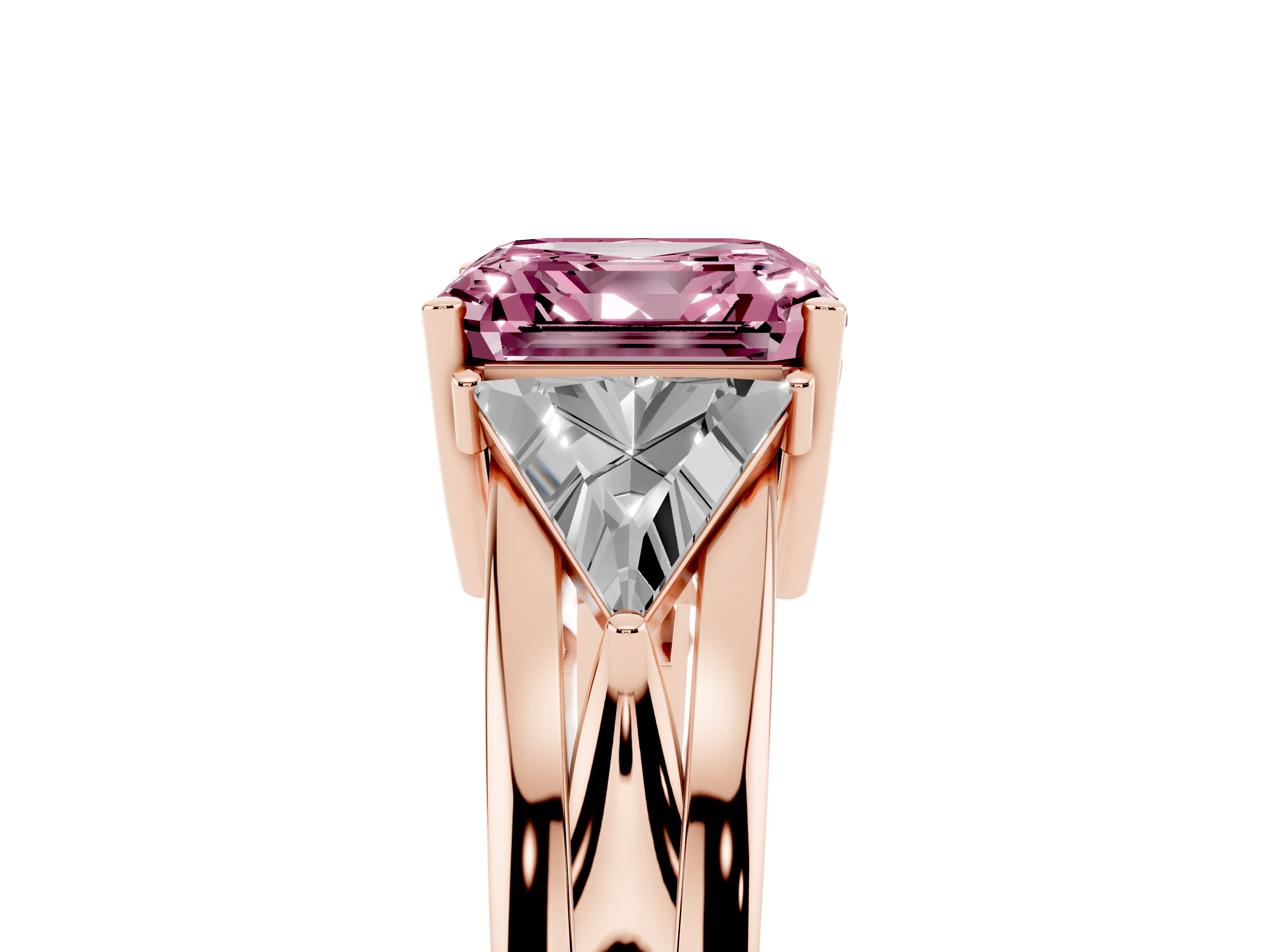Fancy Pink Asscher Cut Diamond Three-Stone Ring Set in Rose gold with Trillion Side Stones and Split Shank