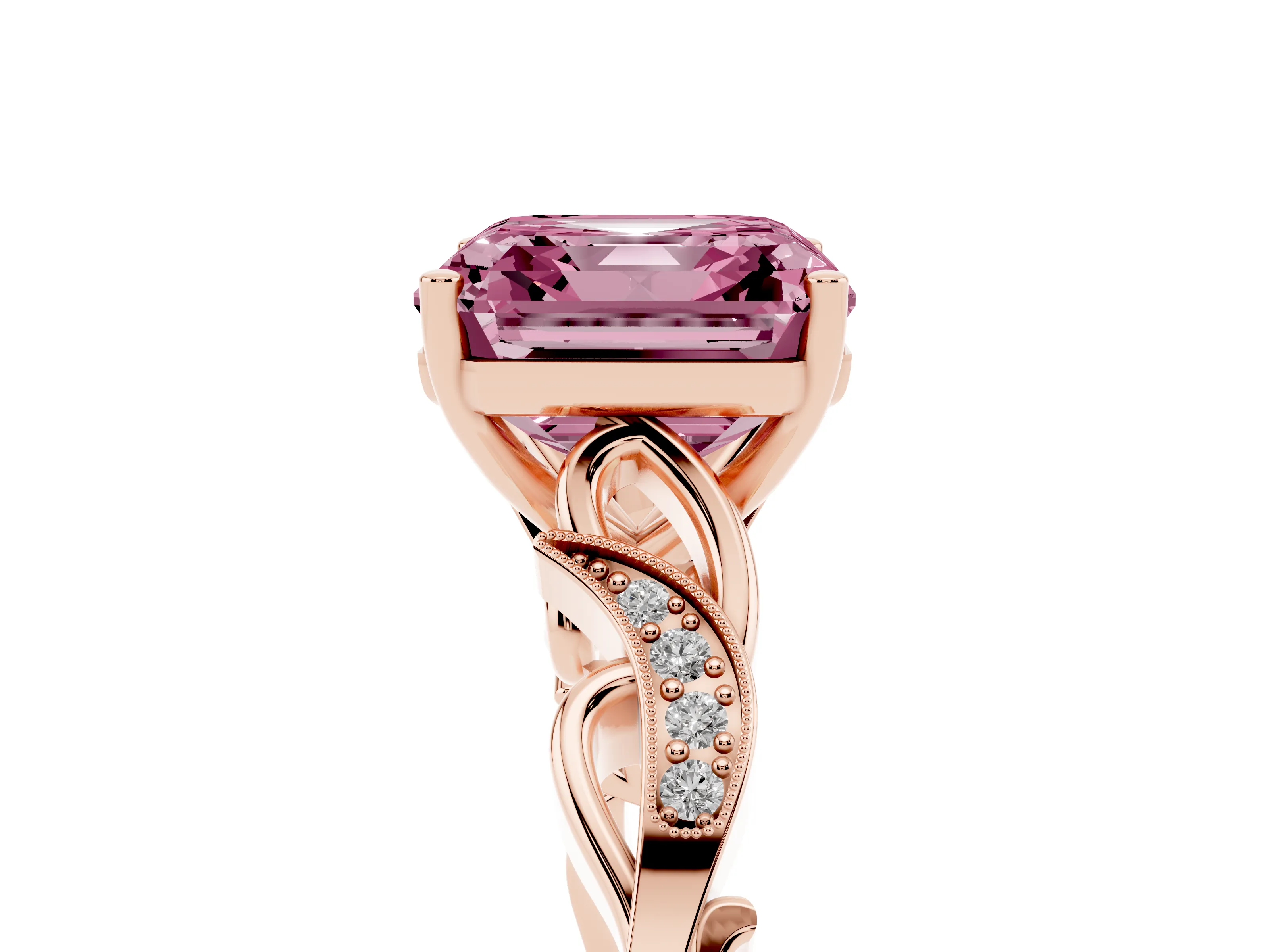 Fancy Pink Asscher Cut Diamond Vine Band Solitaire Ring Set in Rose gold with Milgrain Prong Setting