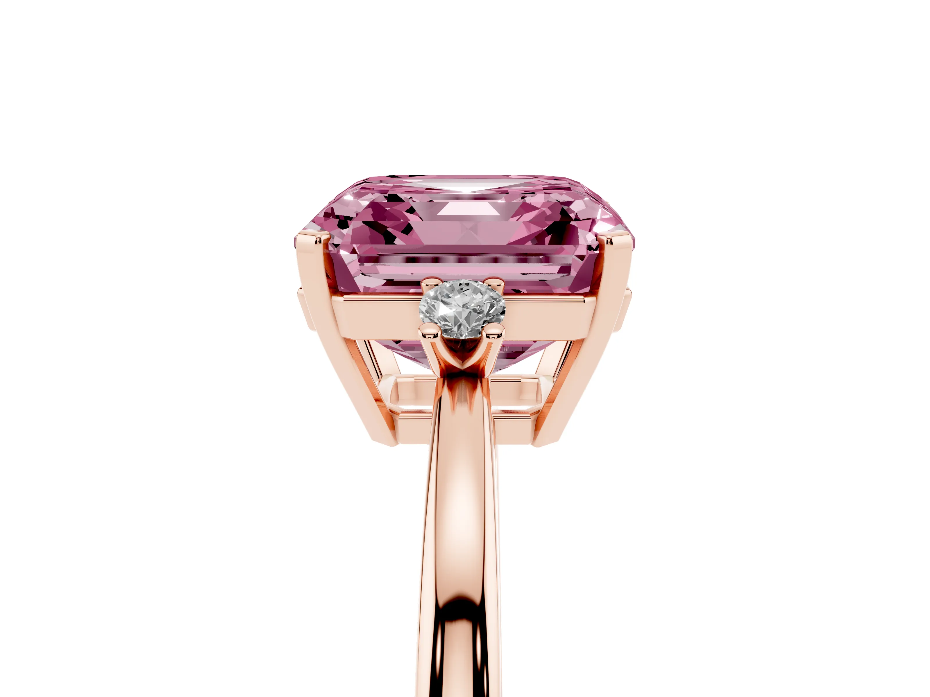 Fancy Pink Three-Stone Asscher Cut Diamond Solitaire Ring Set in Rose gold with Round Accent Stones and Prong Setting