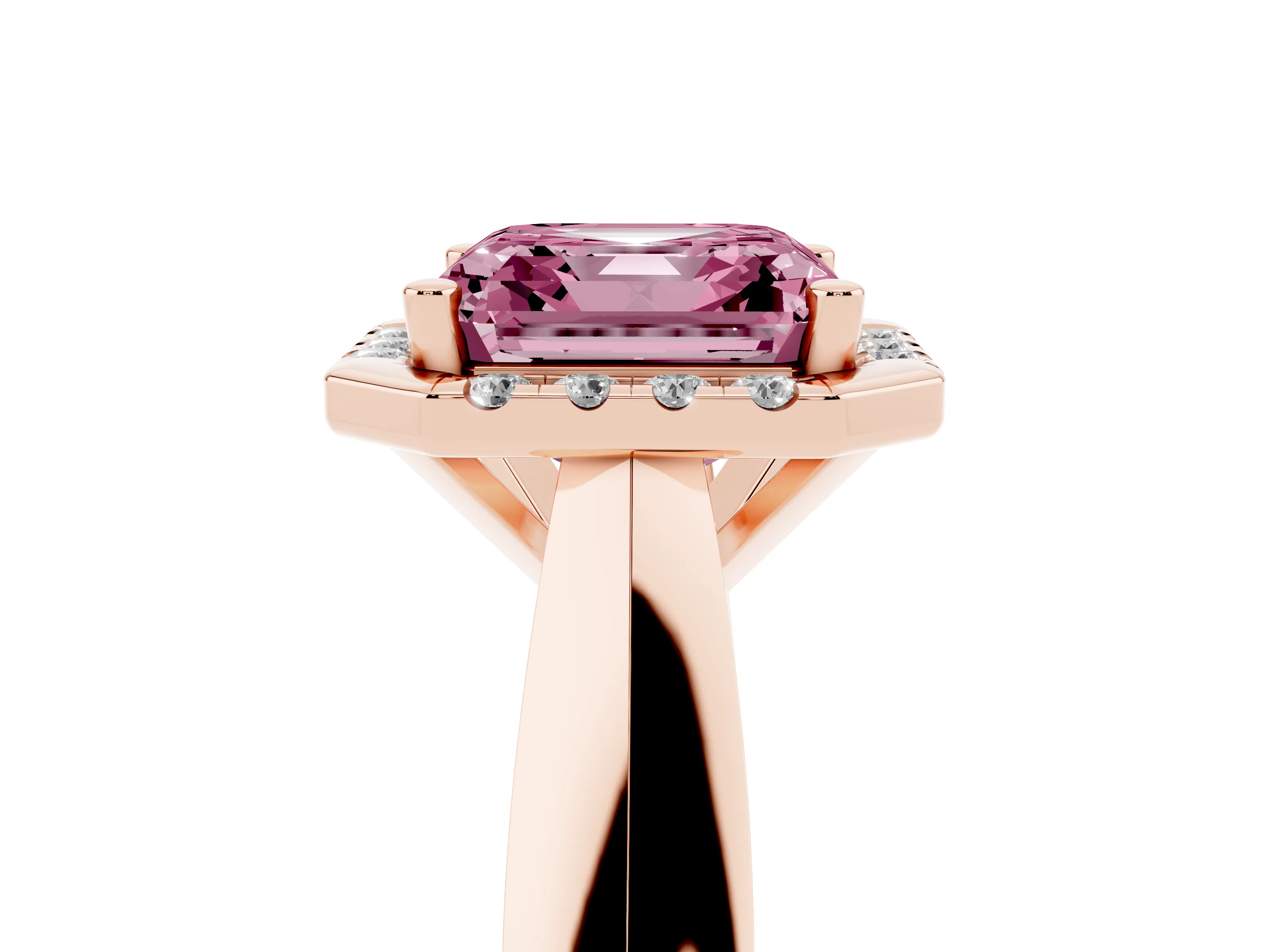Fancy Pink Asscher Cut Diamond Halo Solitaire Engagement Ring Set in Rose gold with Square Band and Prong Setting