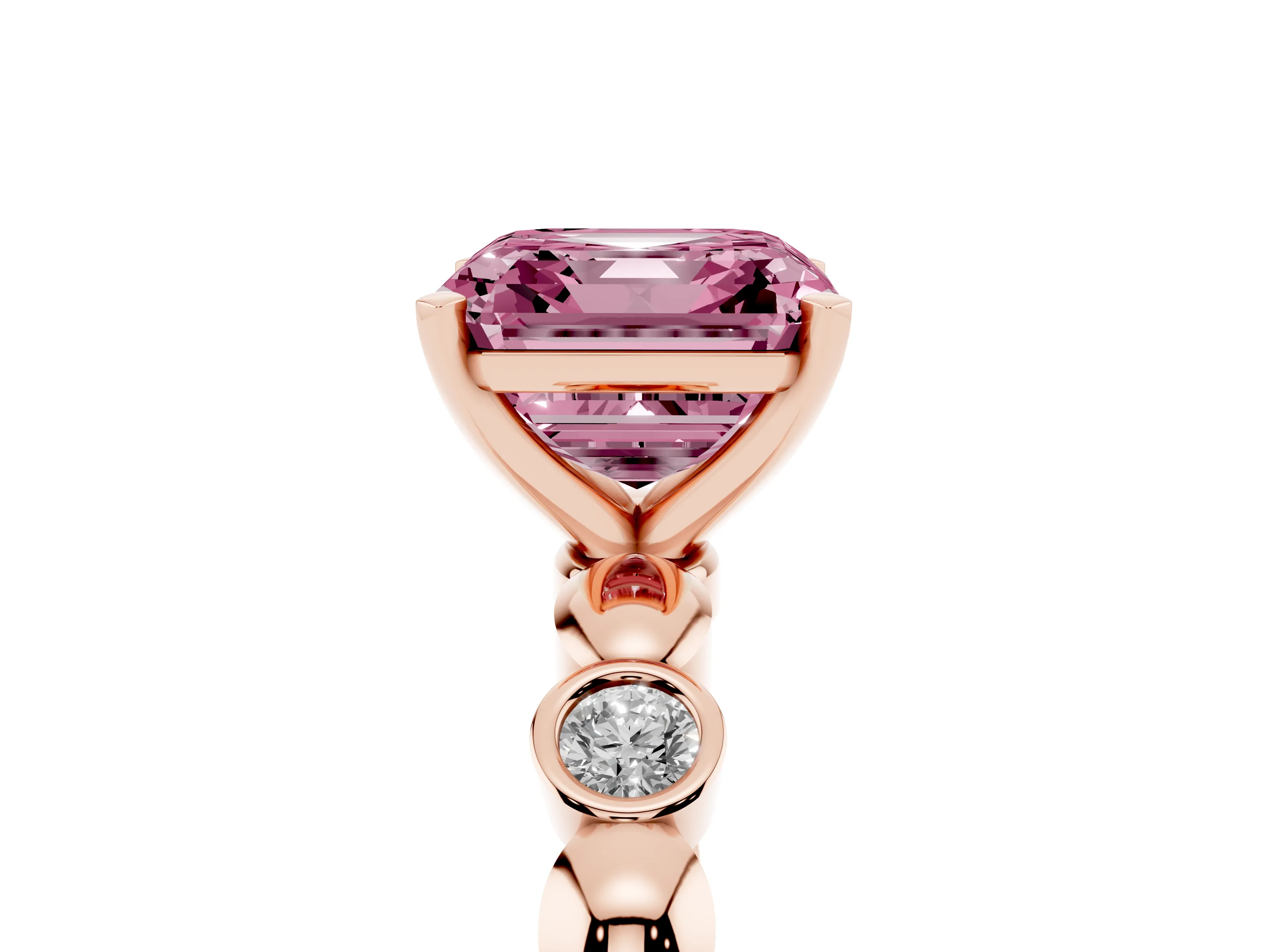 Fancy Pink Asscher Cut Diamond Solitaire Ring Set in Rose gold with Bezel-Set Accents on Beaded Band and Prong Setting