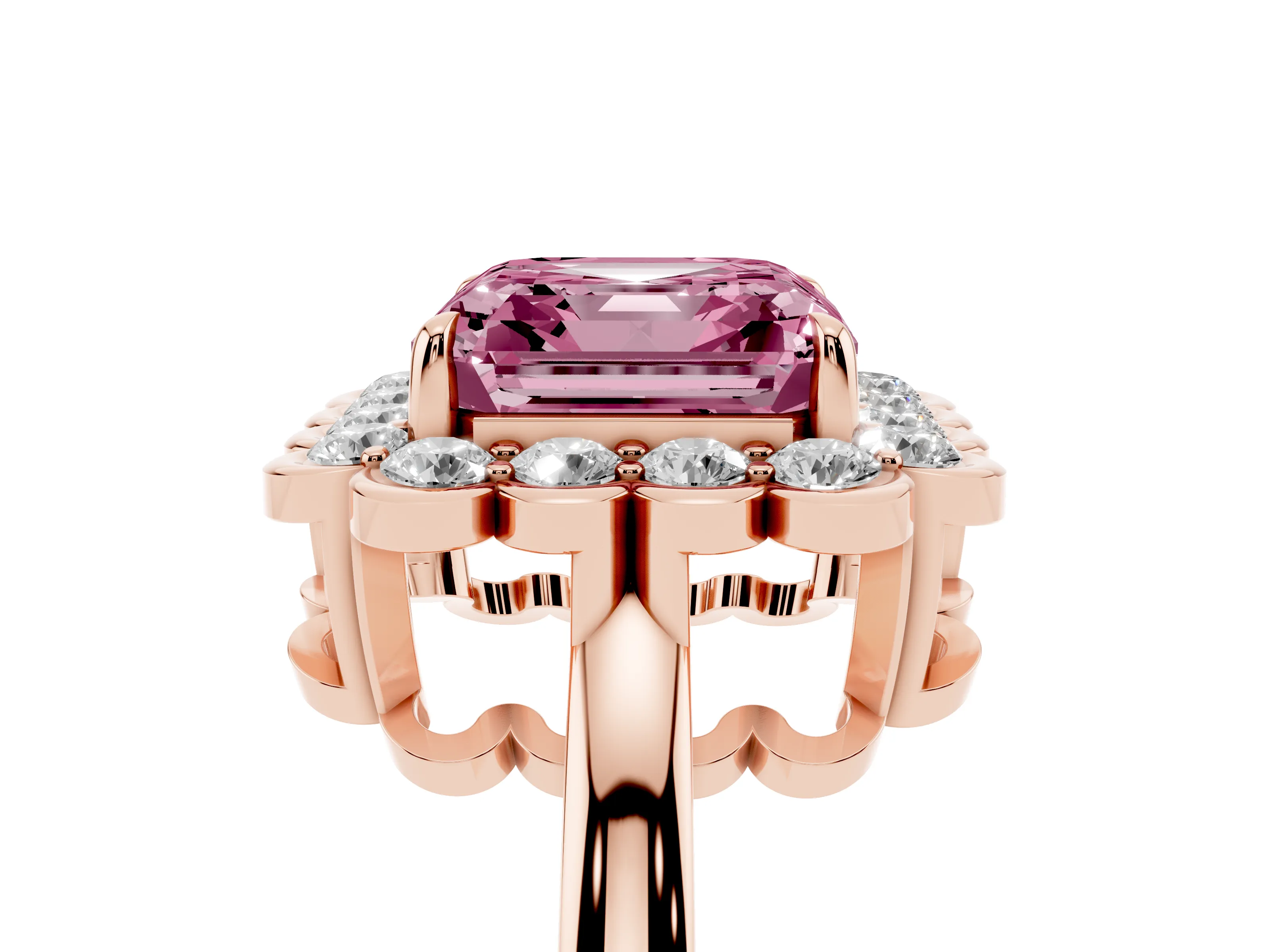 Fancy Pink Asscher Cut Diamond Halo Cluster Engagement Ring Set in Rose gold with Solitaire Band and Prong Setting