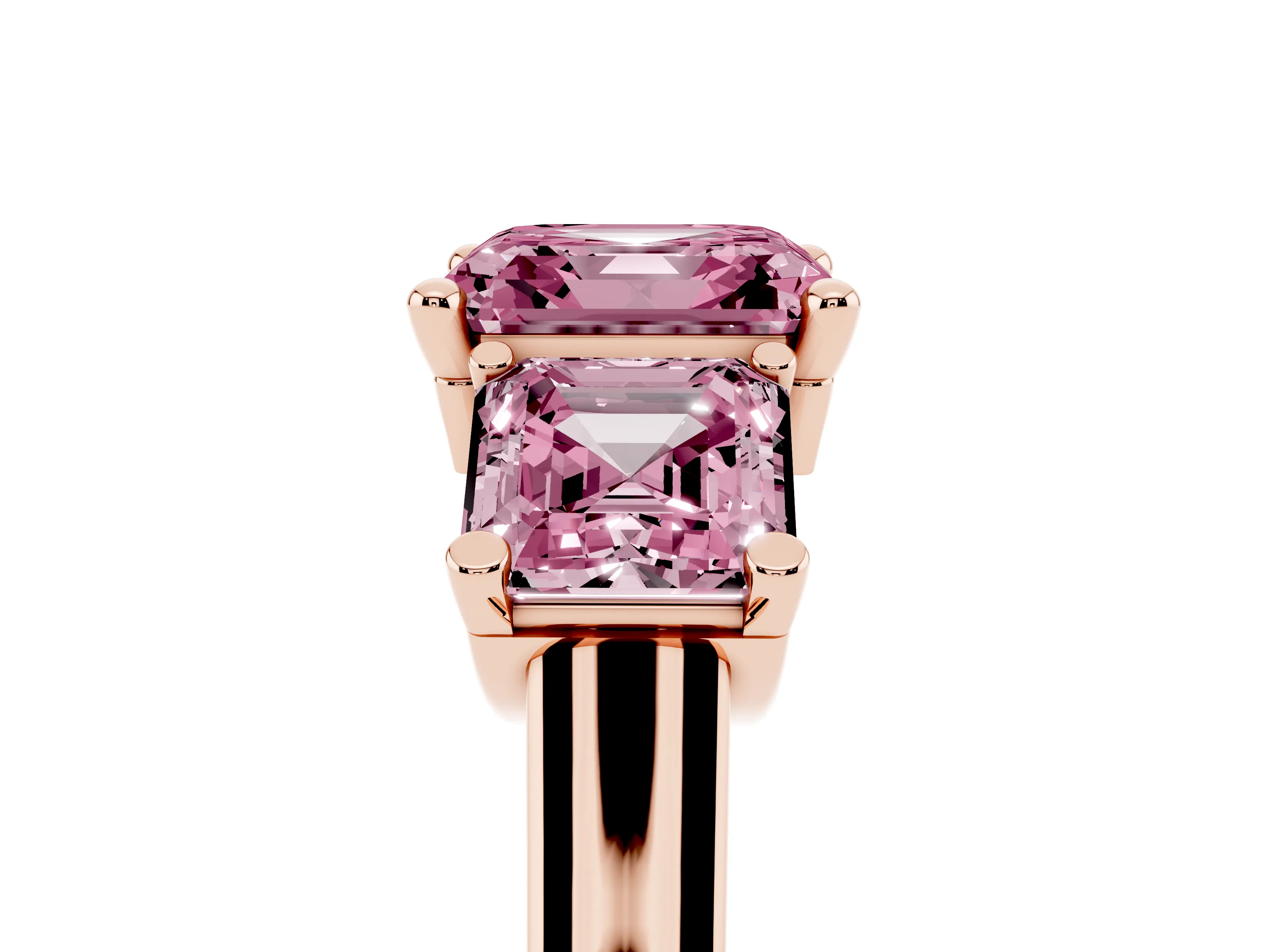 Fancy Pink Asscher Cut Diamond Three-Stone Trellis Ring Set in Rose gold with Comfort Fit Band