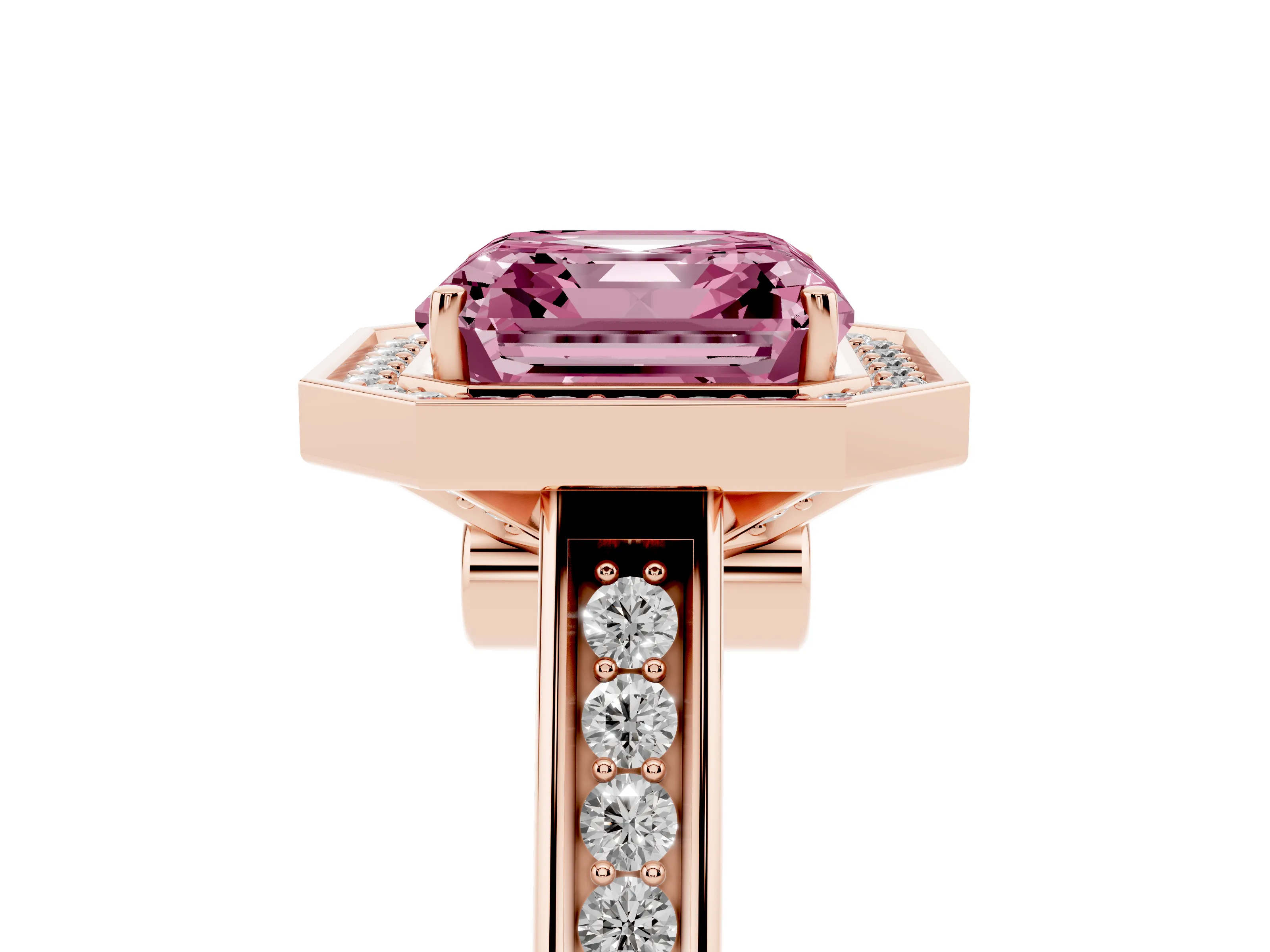 Fancy Pink Asscher Cut Diamond Halo Solitaire Ring Set in Rose gold with Pavé Band and Bezel Setting