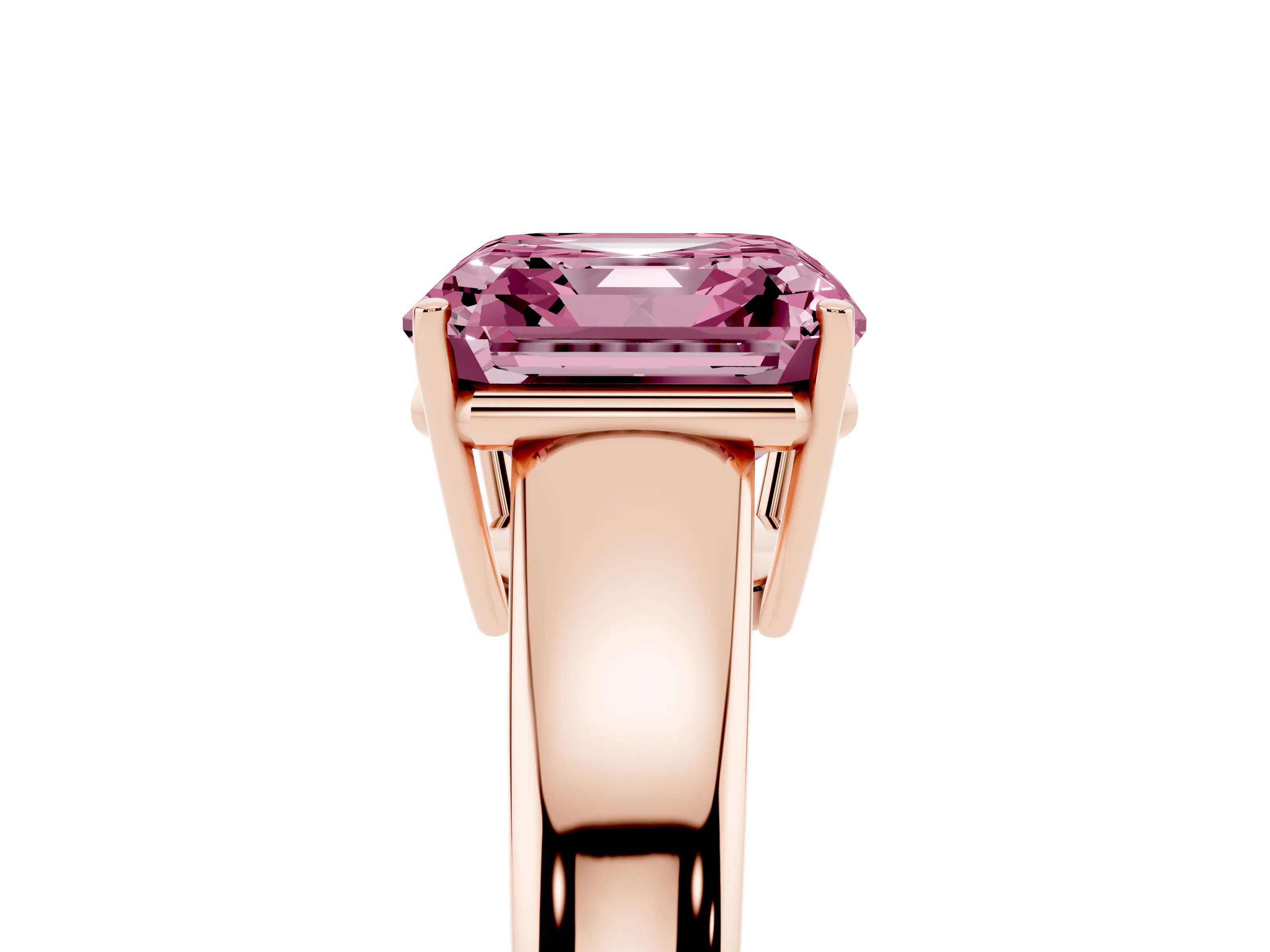 Fancy Pink Asscher Cut Diamond Solitaire Ring Set in Rose gold with Tapered Band and Prong Setting
