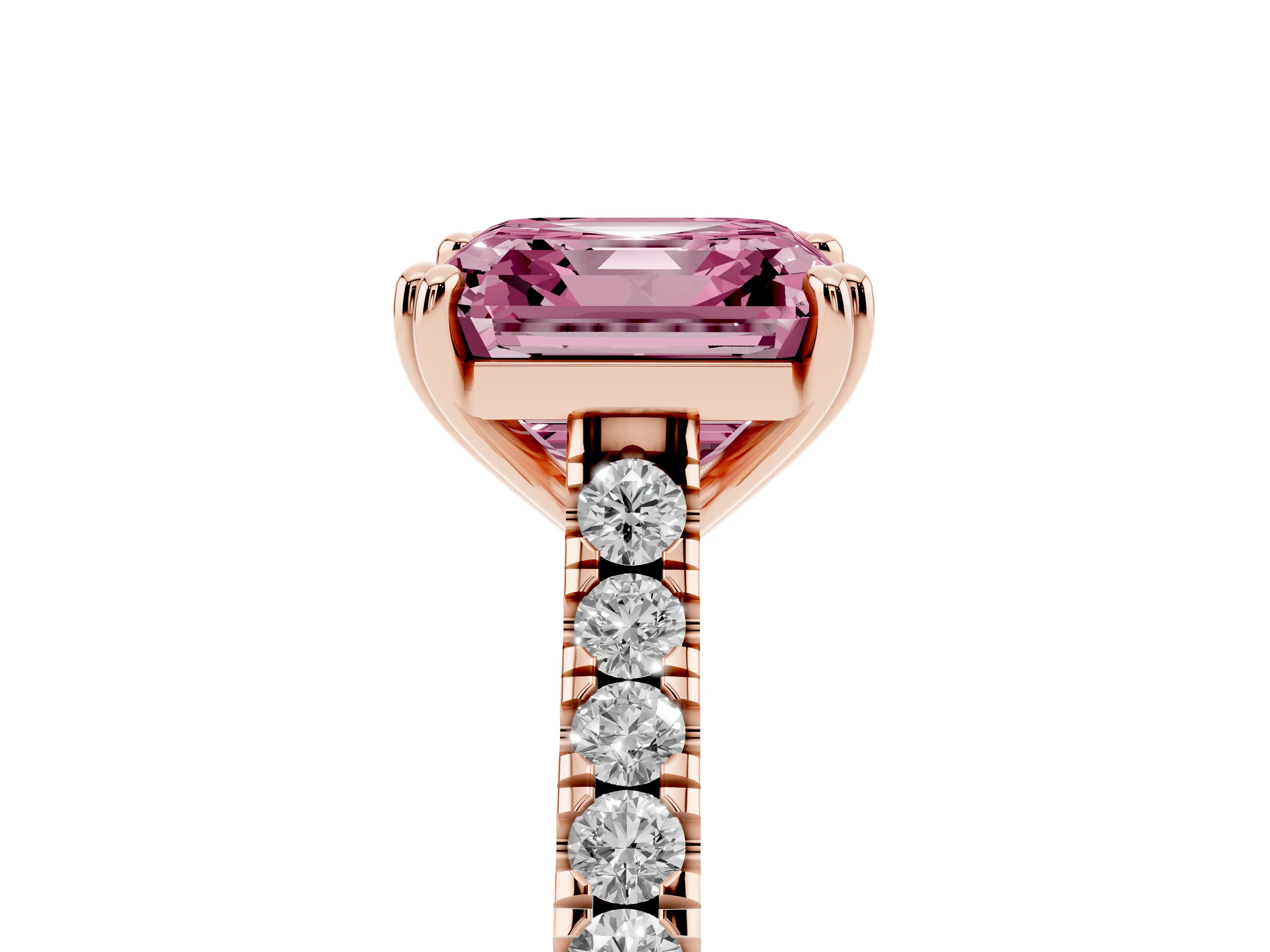 Fancy Pink Asscher Cut Diamond Solitaire Engagement Ring Set in Rose gold with Pavé Accents and Prong Setting