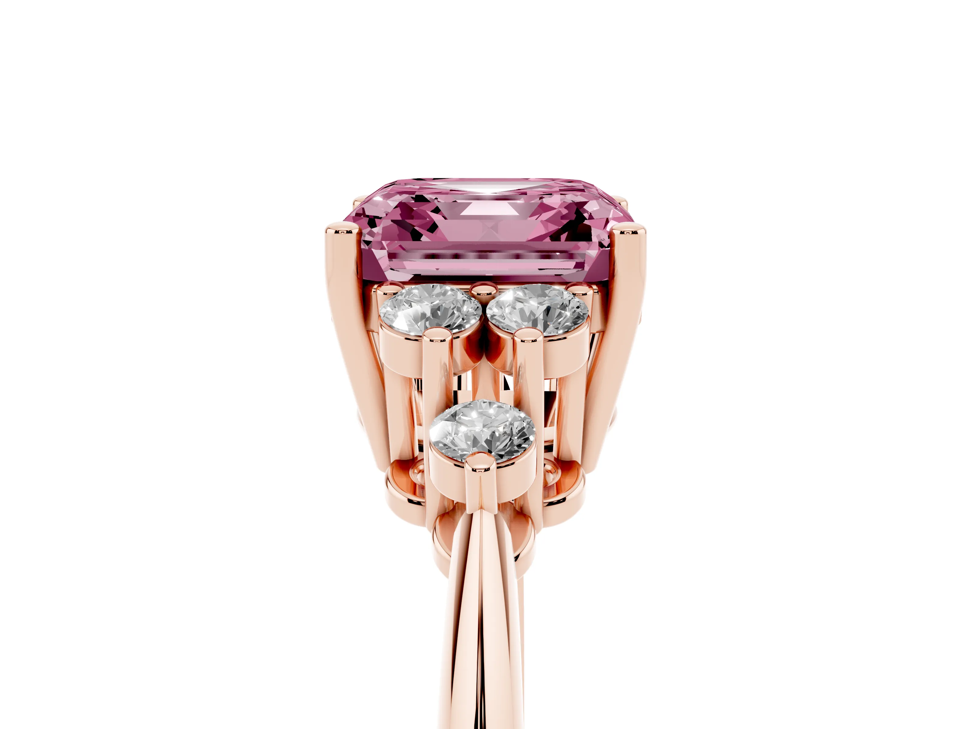 Fancy Pink Asscher Cut Diamond Cluster Ring Set in Rose gold with Plain Band and Prong Setting