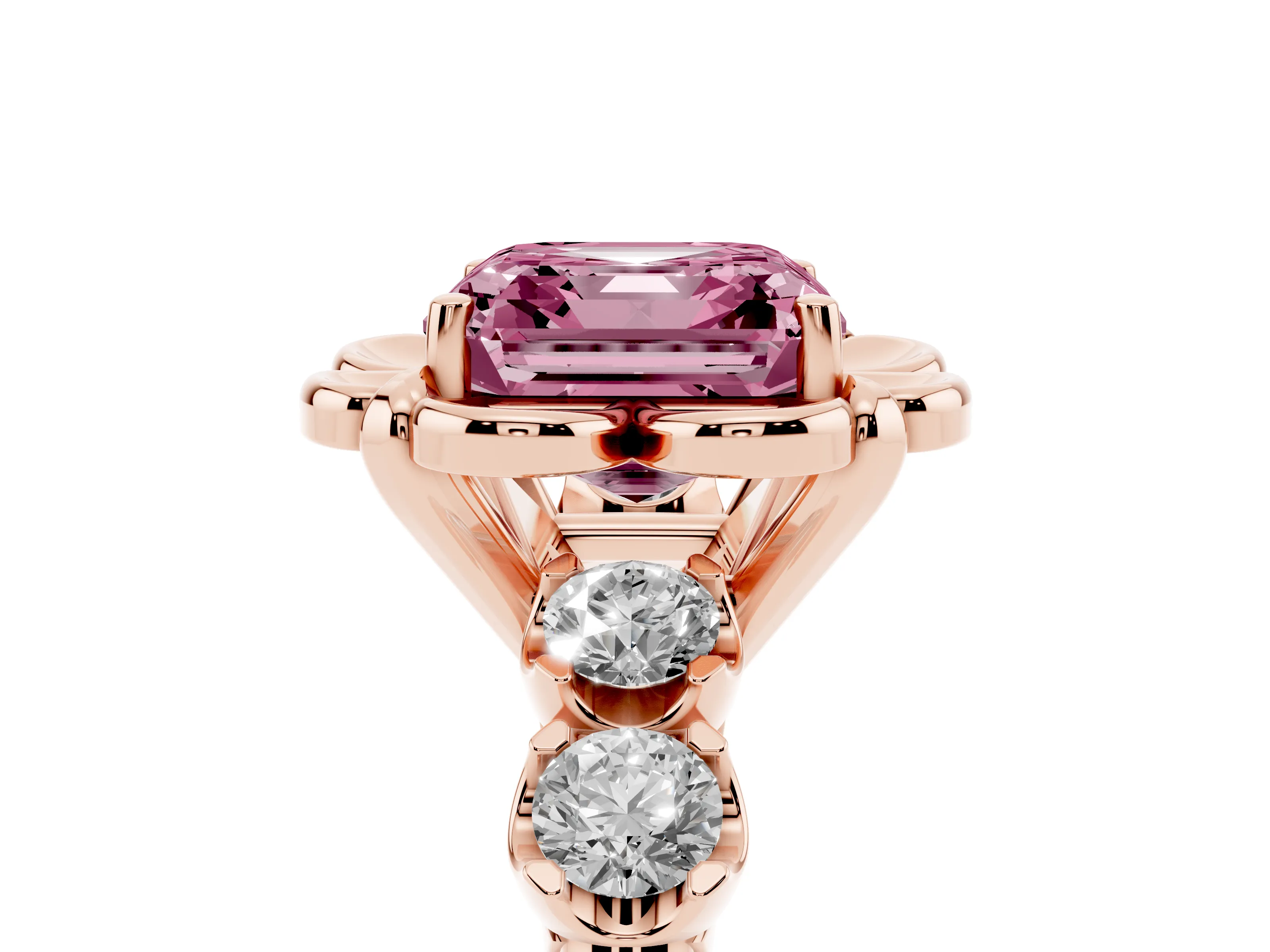 Fancy Pink Asscher Cut Diamond Floral Halo Ring Set in Rose gold with Shared Prong Band