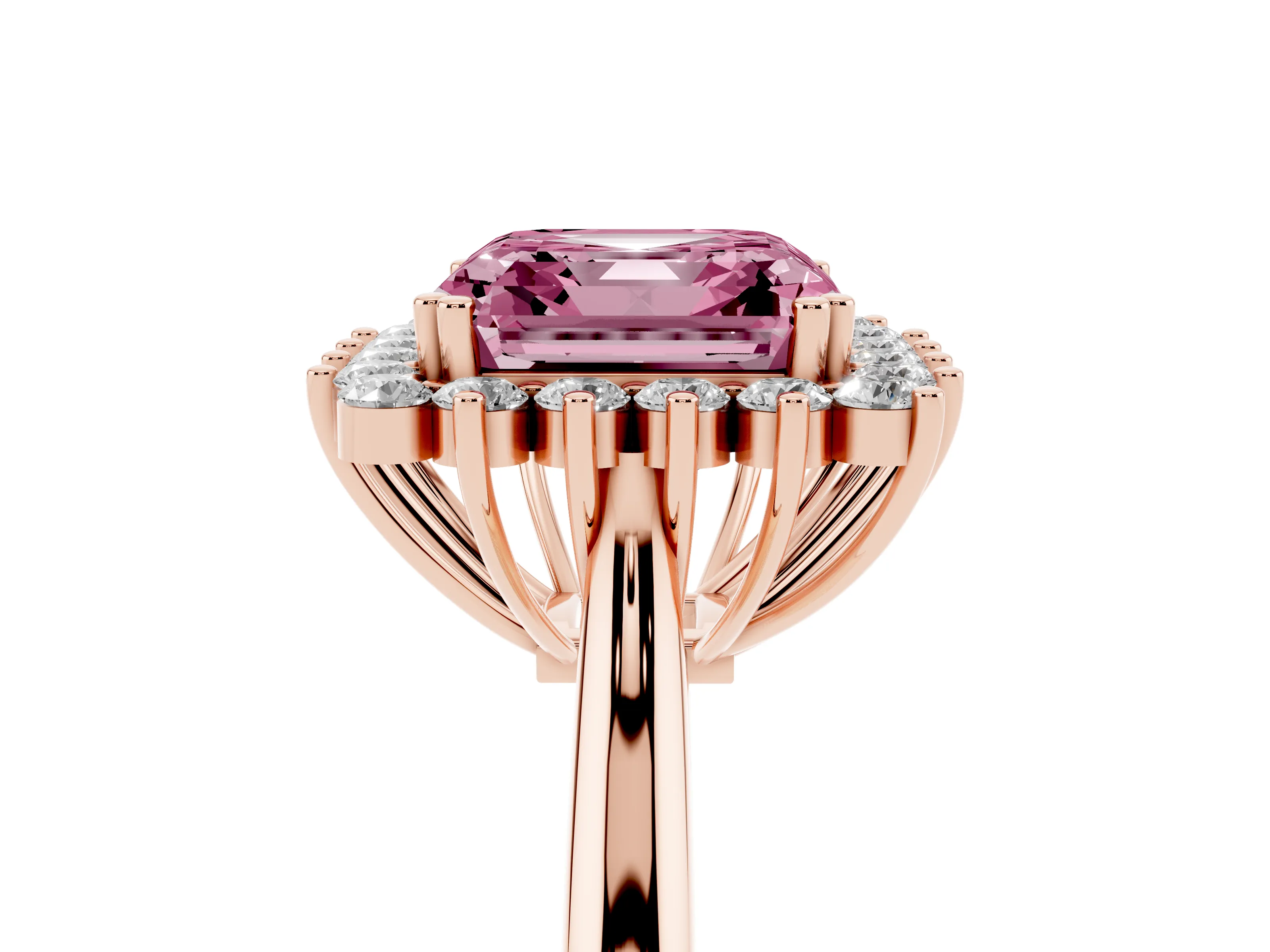 Fancy Pink Asscher Cut Diamond Halo Ring Set in Rose gold with Plain Solitaire Band and Prong Setting