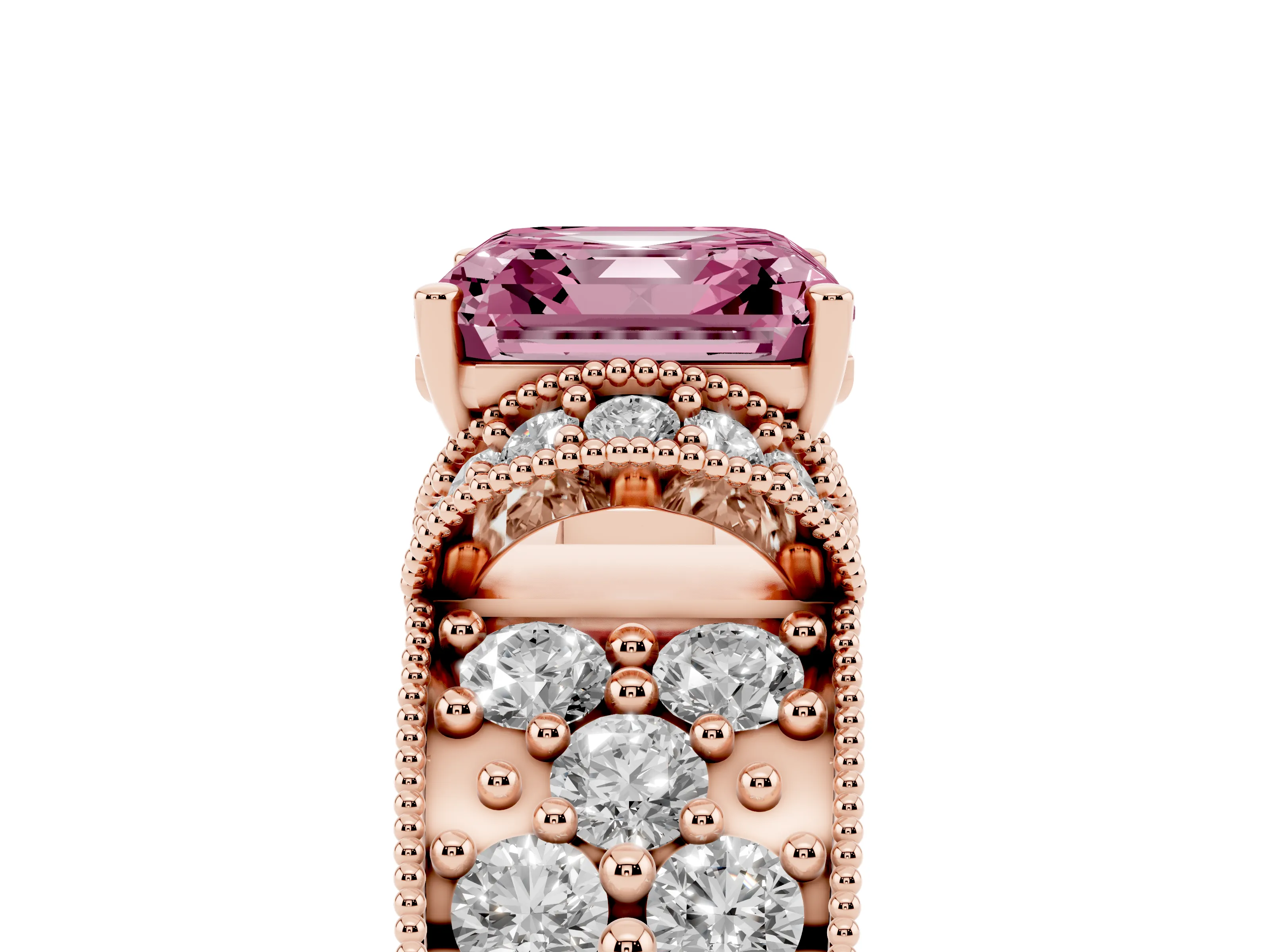 Fancy Pink Asscher Cut Diamond Milgrain Halo Pavé Engagement Ring Set in Rose gold with Prong Setting