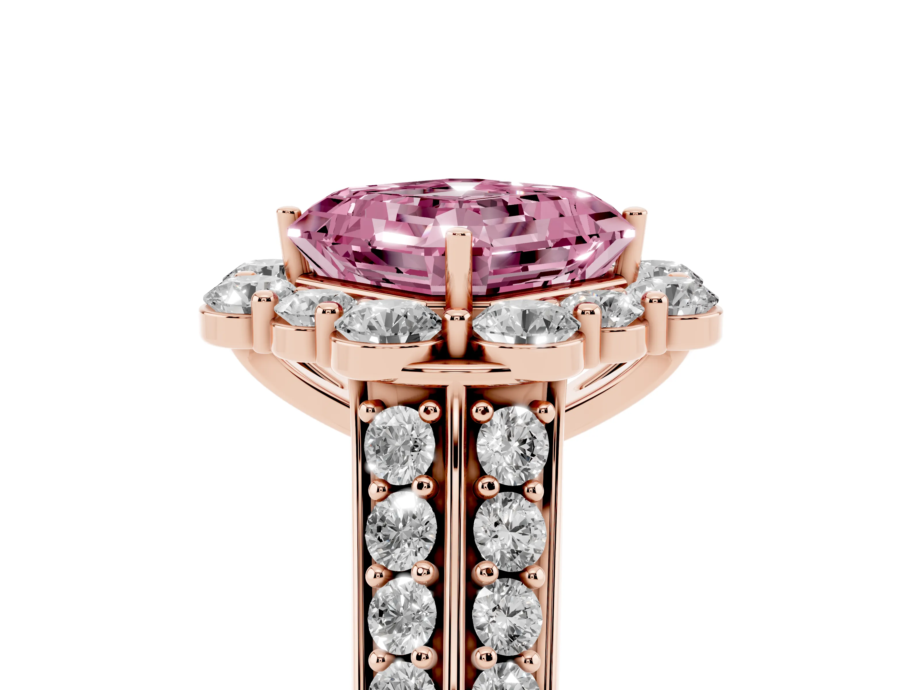 Fancy Pink Asscher Cut Diamond Halo Engagement Ring Set in Rose gold with Split Shank and Prong Setting