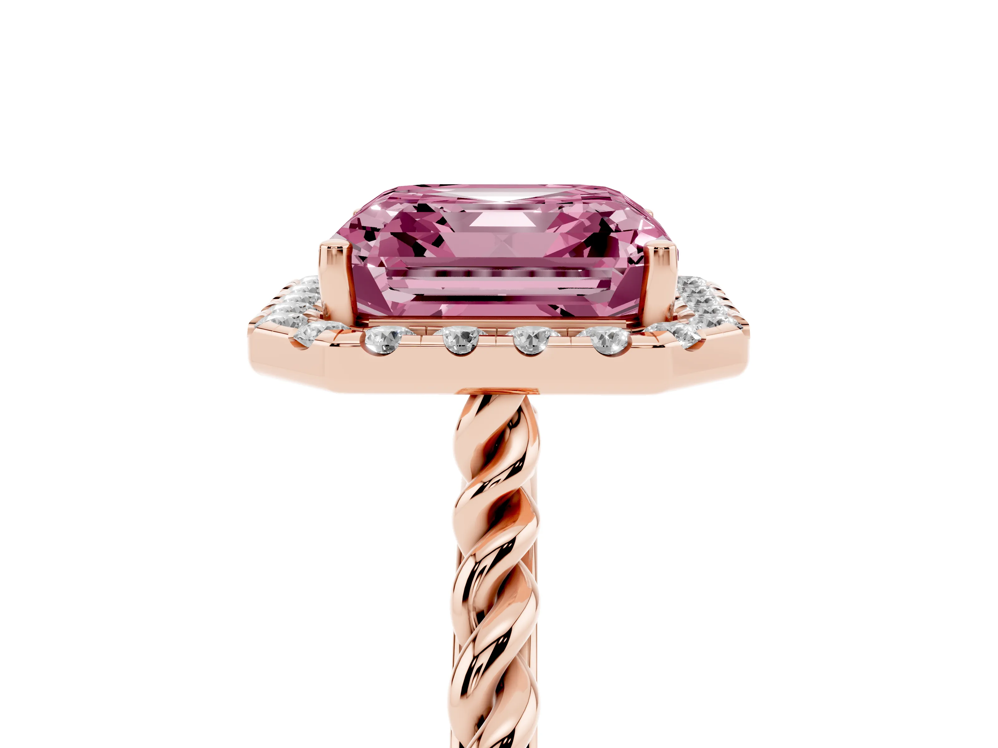 Fancy Pink Asscher Cut Diamond Halo Ring Set in Rose gold with Plain Twisted Band