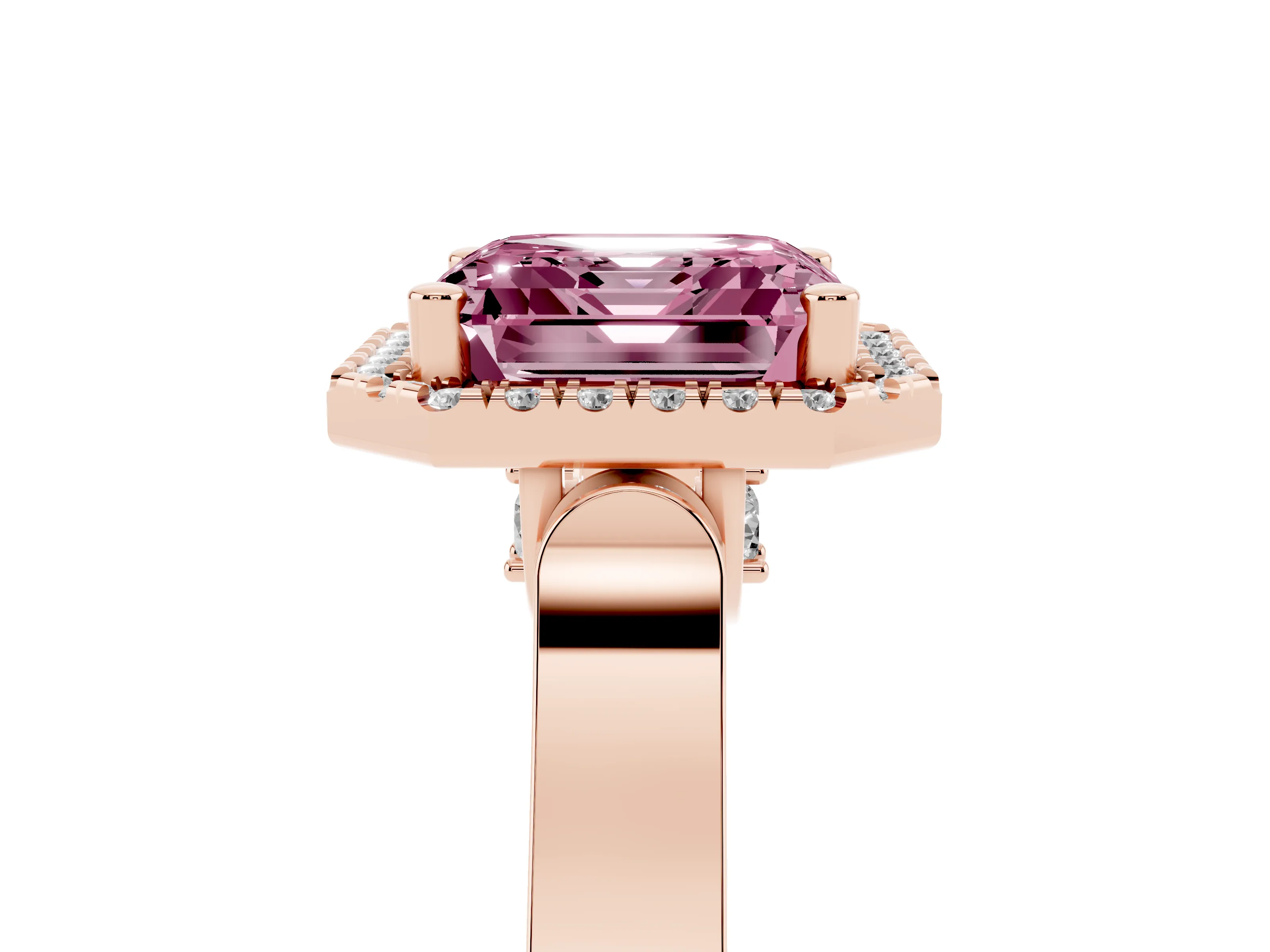 Fancy Pink Asscher Cut Diamond Halo Ring Set in Rose gold with Pavé-Lined Split Shank Band