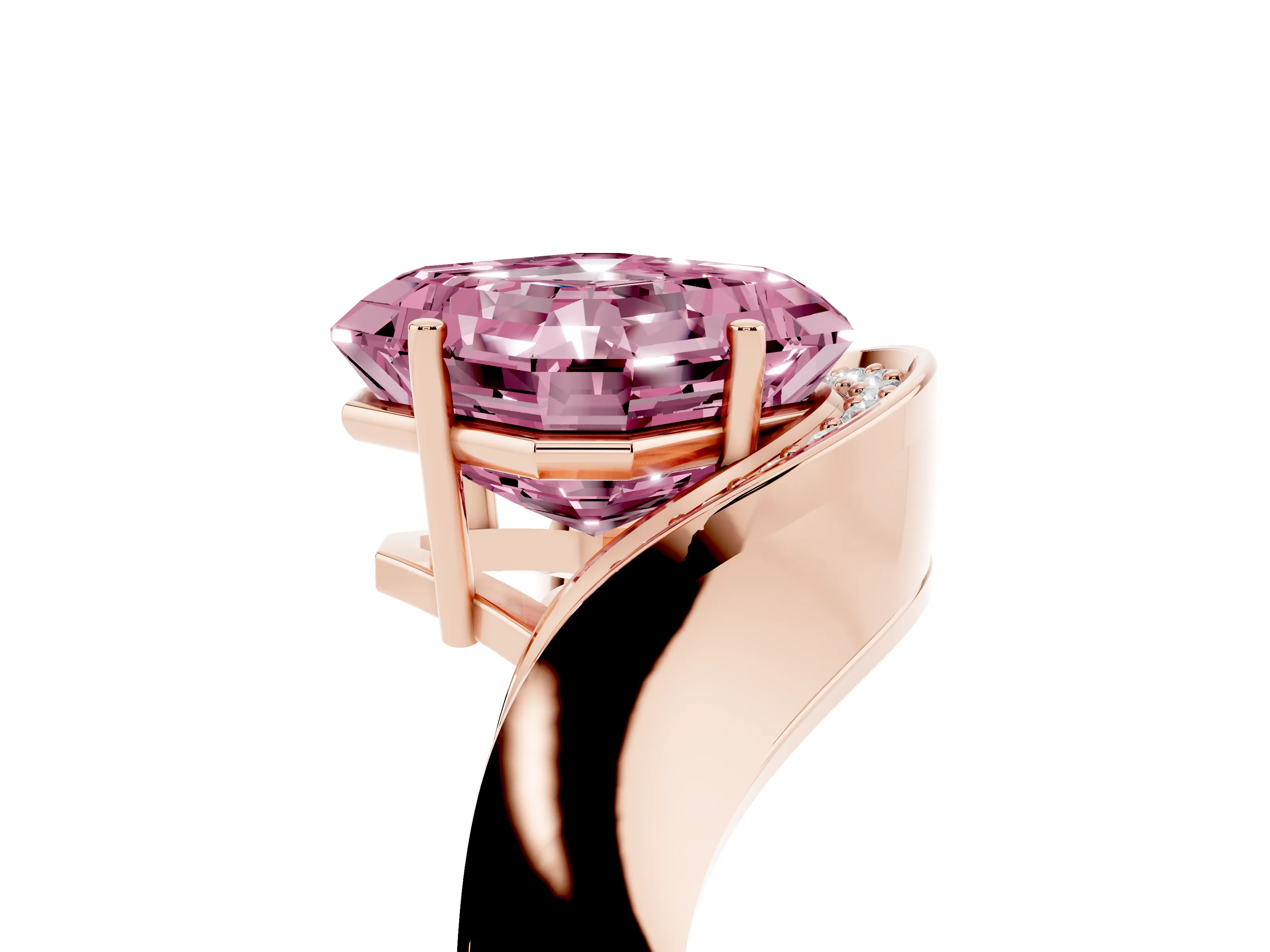 Fancy Pink Asscher Cut Diamond Solitaire Engagement Ring Set in Rose gold with Pavé Shoulders