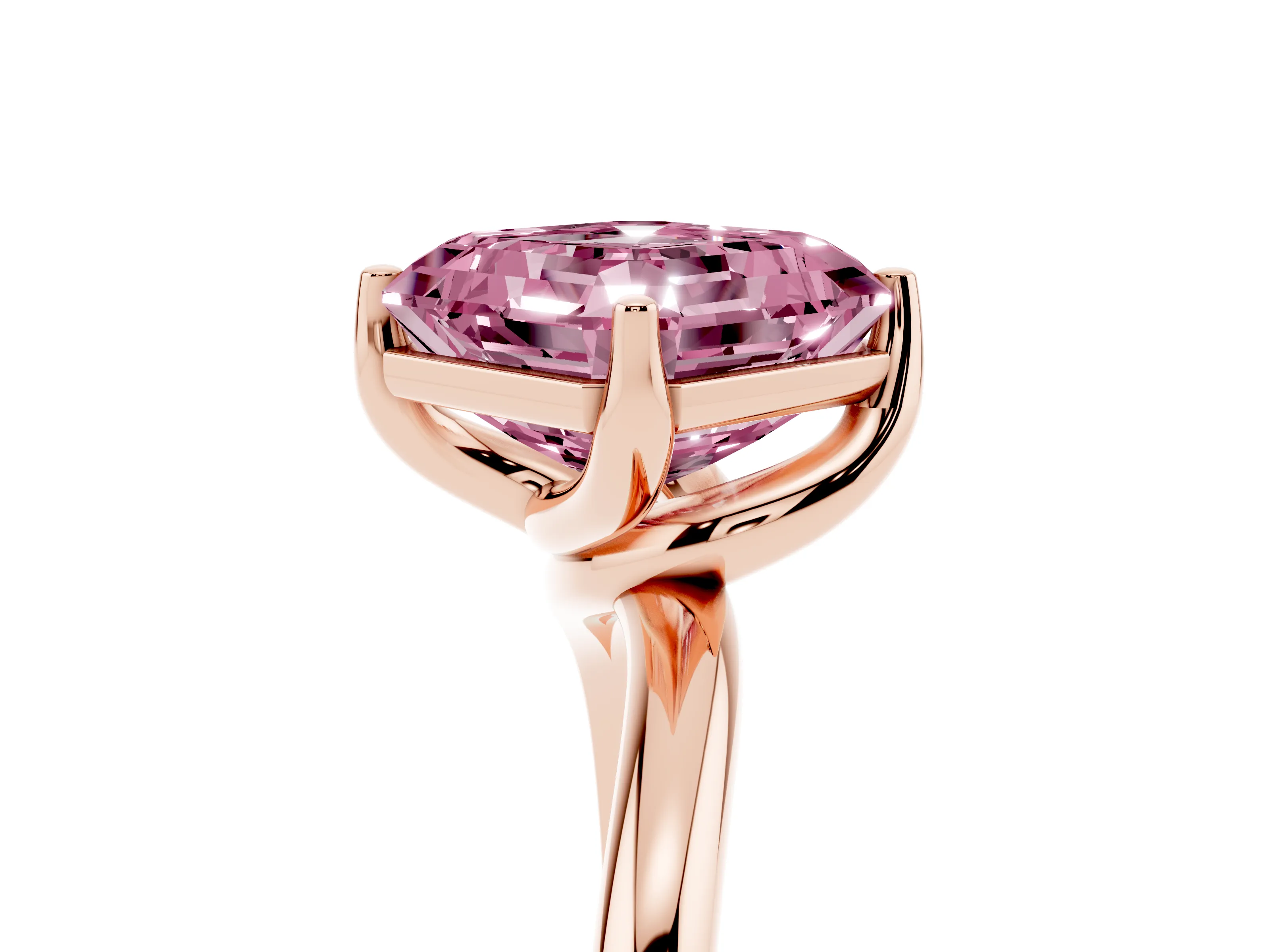 Fancy Pink Asscher Cut Diamond Solitaire Engagement Ring Set in Rose gold with Classic Plain Band