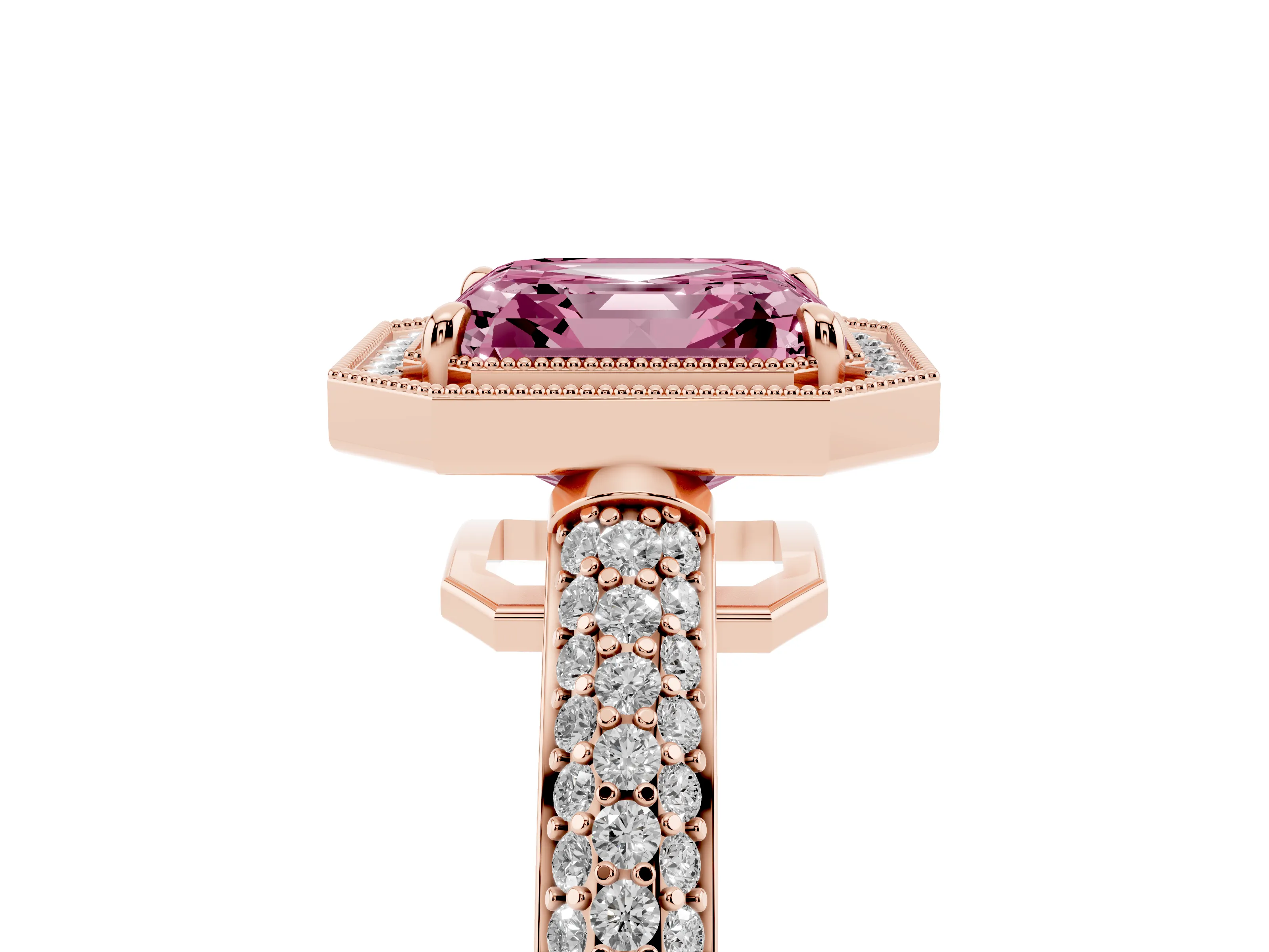 Fancy Pink Asscher Cut Diamond Halo Pavé Band Set in Rose gold with Prong Setting