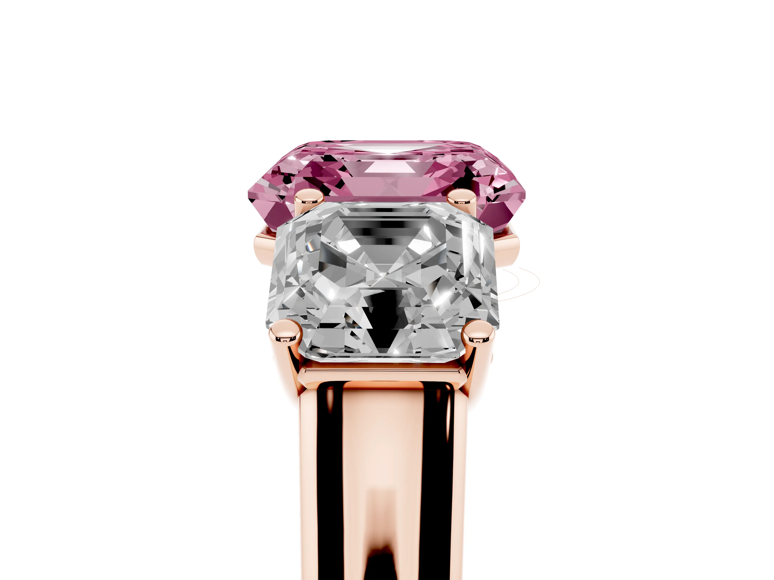 Fancy Pink Asscher Cut Diamond Three-Stone Ring Set in Rose gold with Plain Polished Band