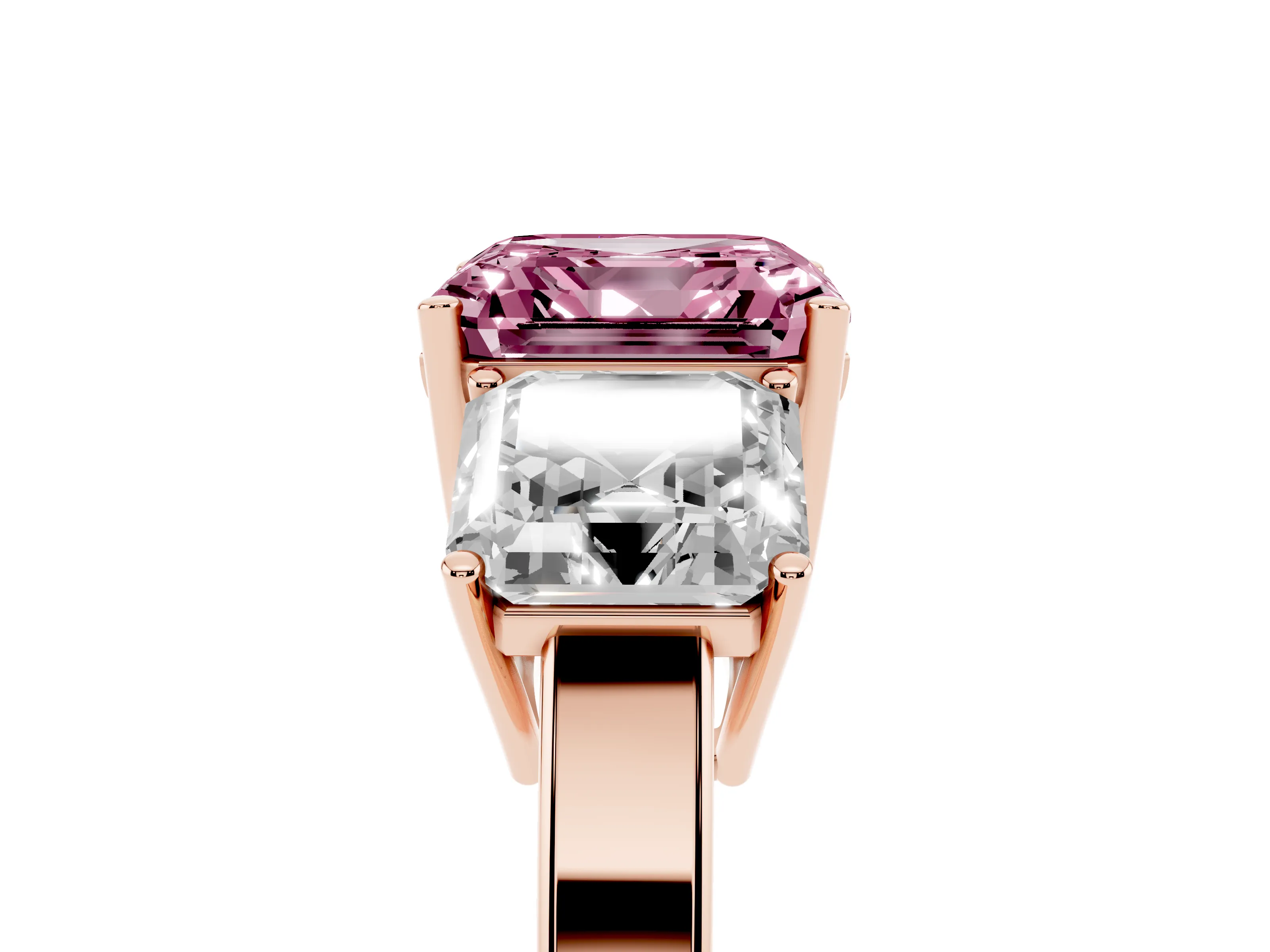 Fancy Pink Asscher Cut Diamond Three-Stone Engagement Ring Set in Rose gold with Flat Band