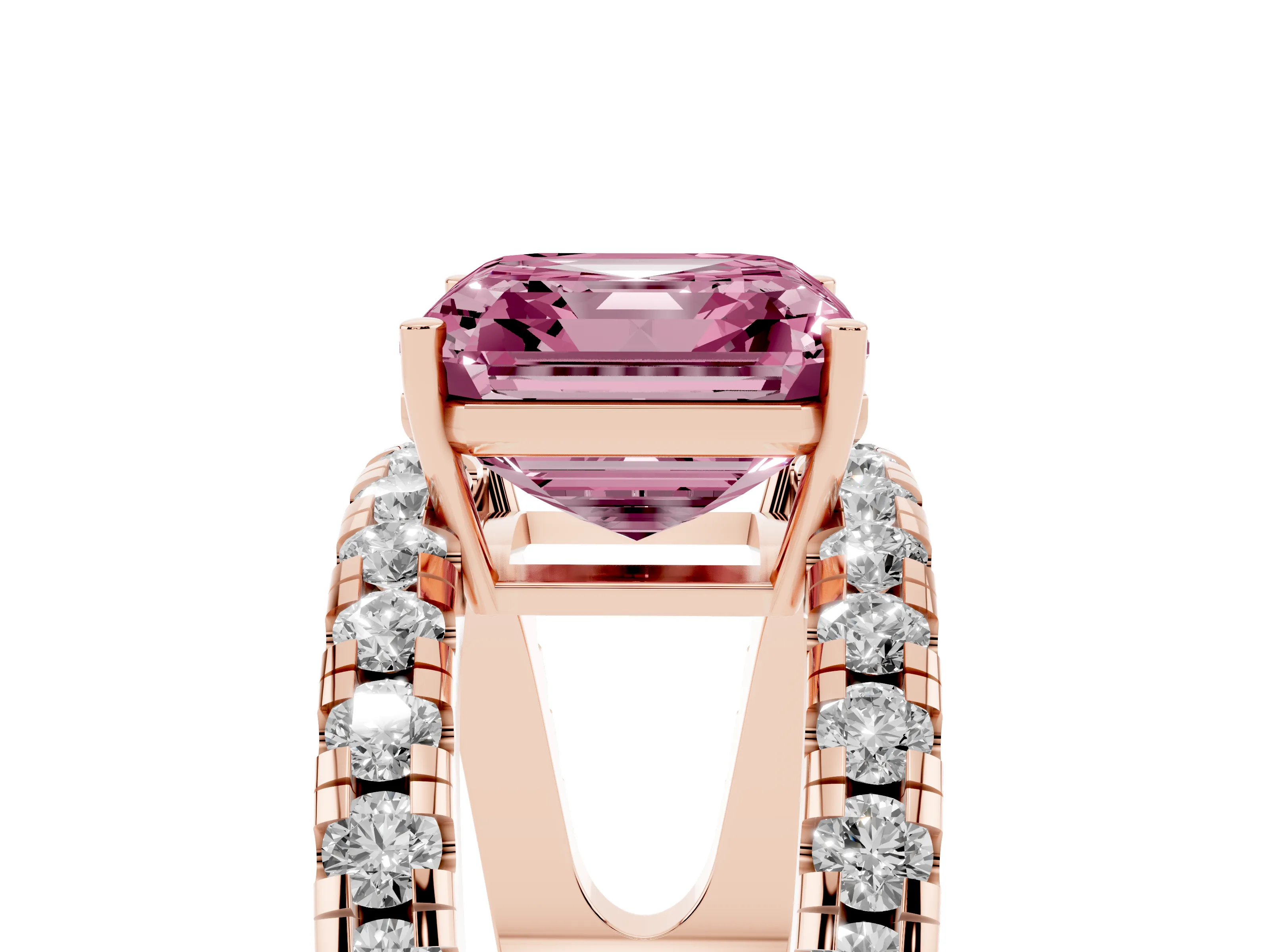 Fancy Pink Asscher Cut Diamond Split Shank Pavé Solitaire Ring Set in Rose gold with Open Shank Design