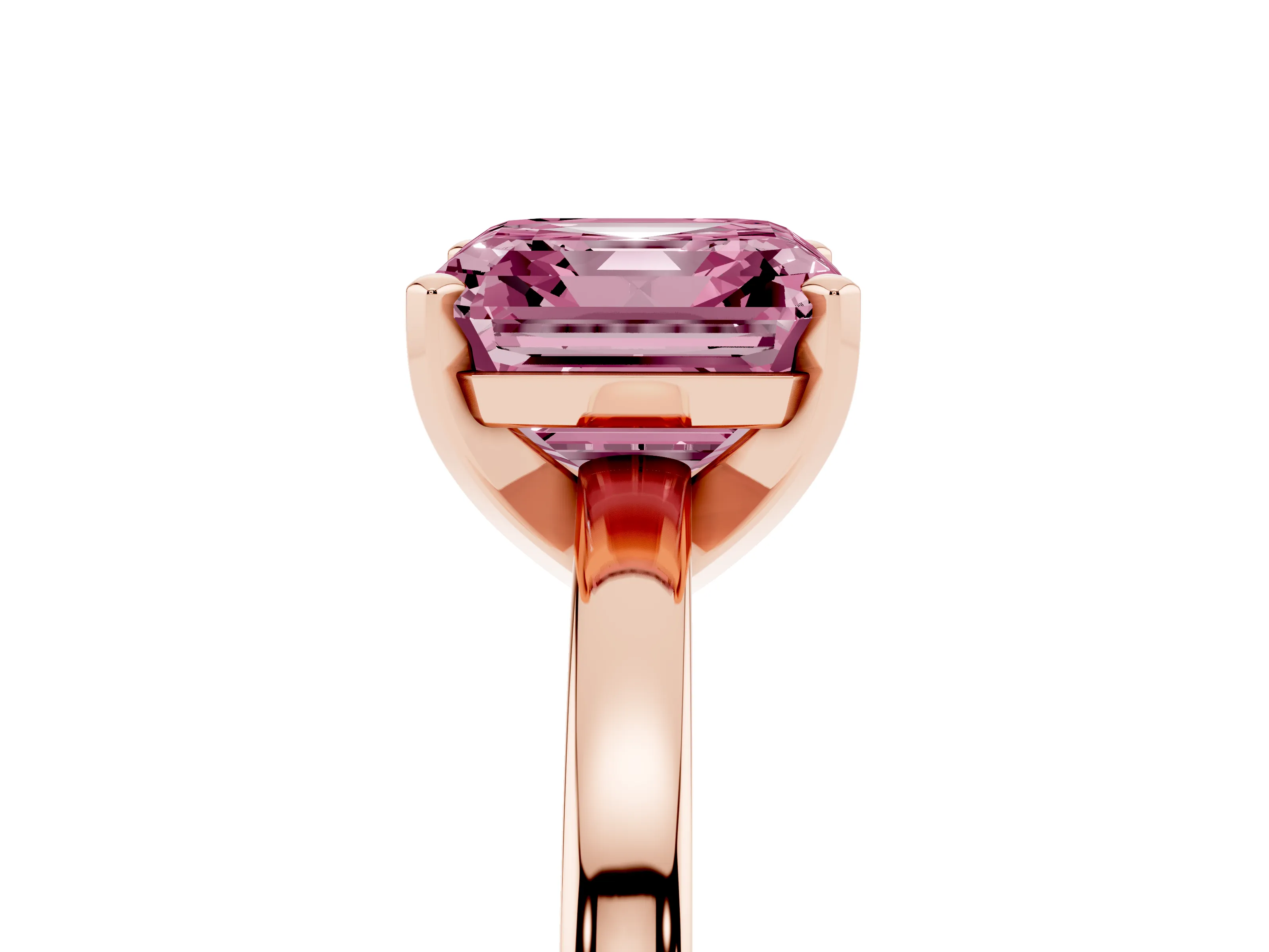 Fancy Pink Asscher Cut Diamond Solitaire Engagement Ring Set in Rose gold with Prong Setting on a Classic Band