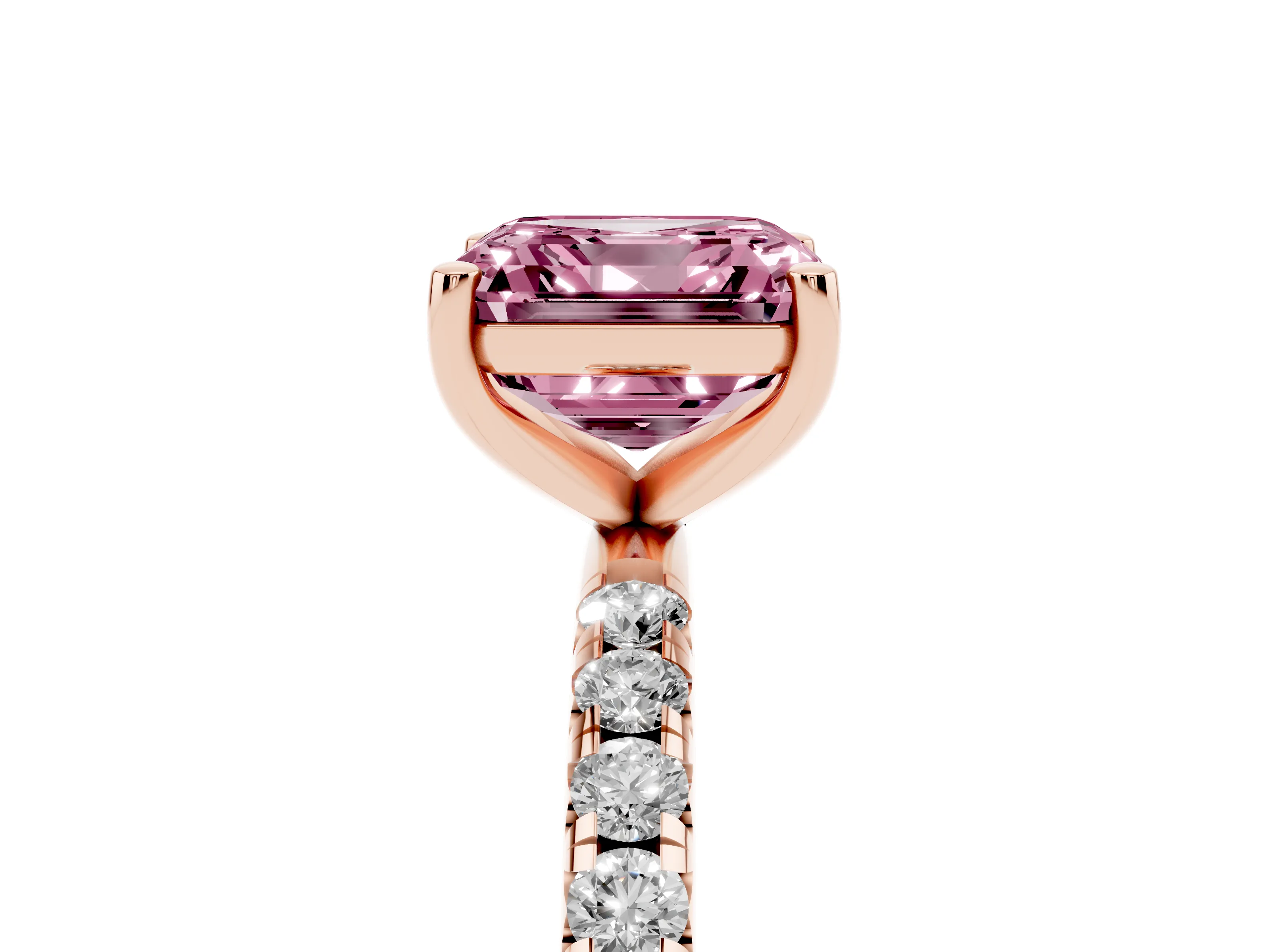 Fancy Pink Asscher Cut Diamond Solitaire Ring Set in Rose gold with Micro Pavé Band and Prong Setting
