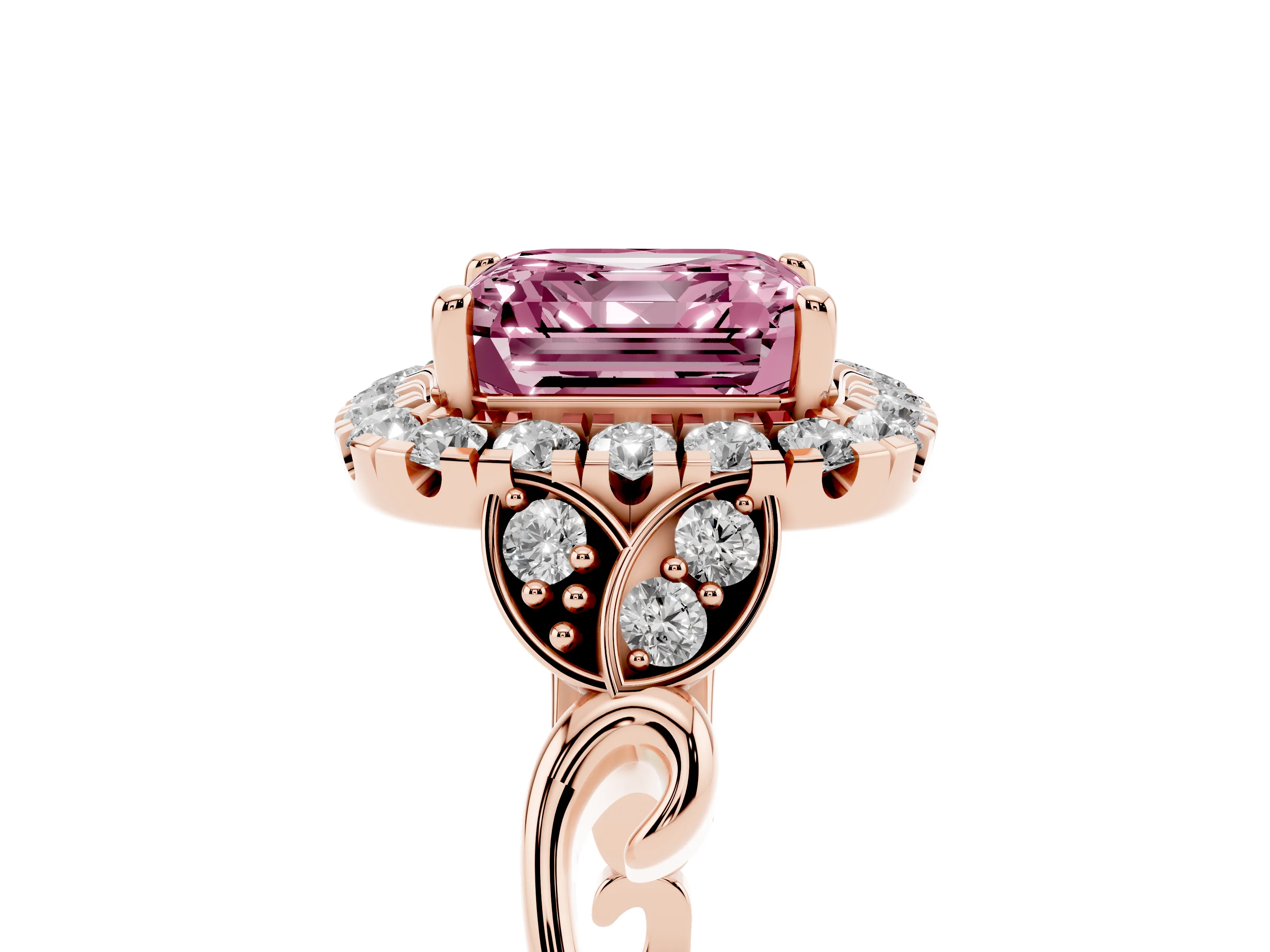 Fancy Pink Asscher Cut Diamond Halo Engagement Ring Set in Rose gold with Vintage-Inspired Band and Prong Setting