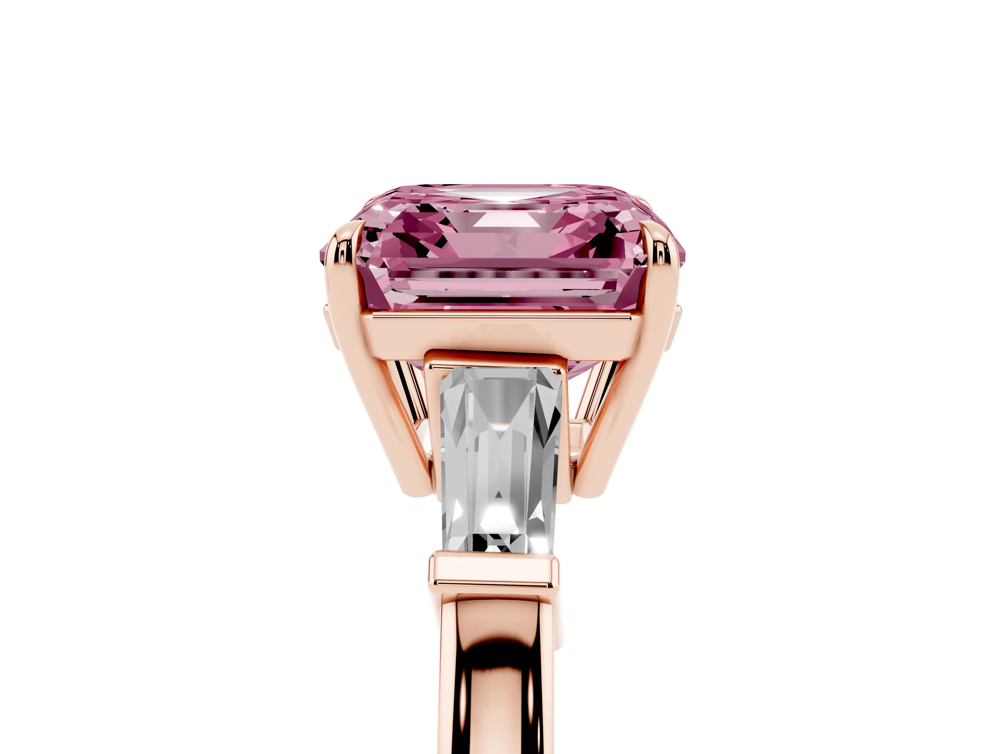 Fancy Pink Asscher Cut Diamond Three-Stone Ring Set in Rose gold with Tapered Baguette Side Stones and Prong Setting
