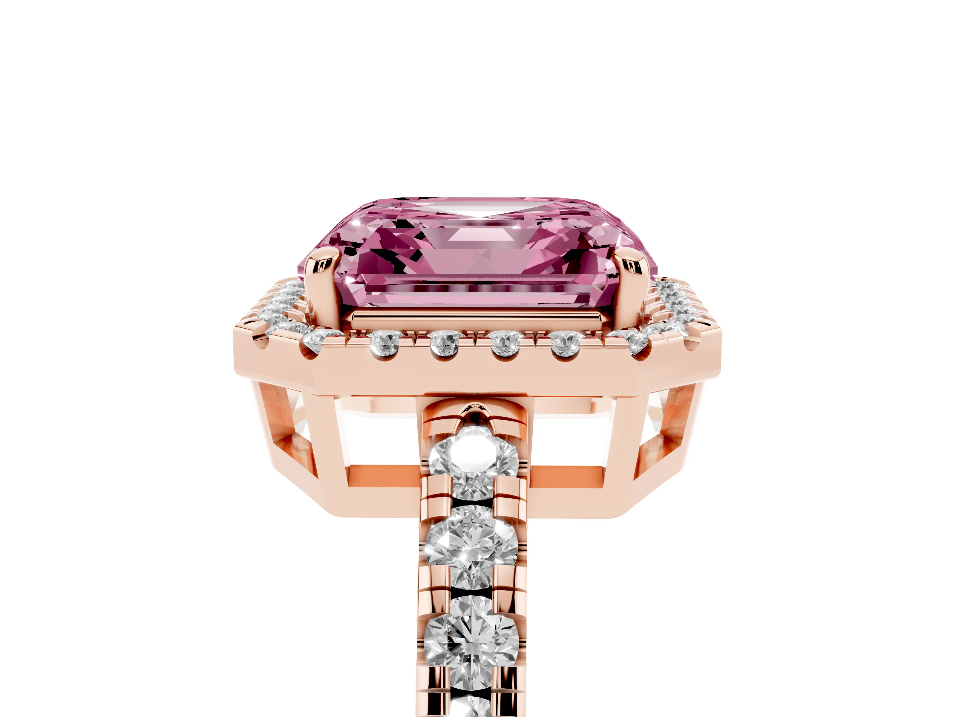 Fancy Pink Asscher Cut Diamond Halo Ring Set in Rose gold with Delicate Pavé Band and Prong Setting