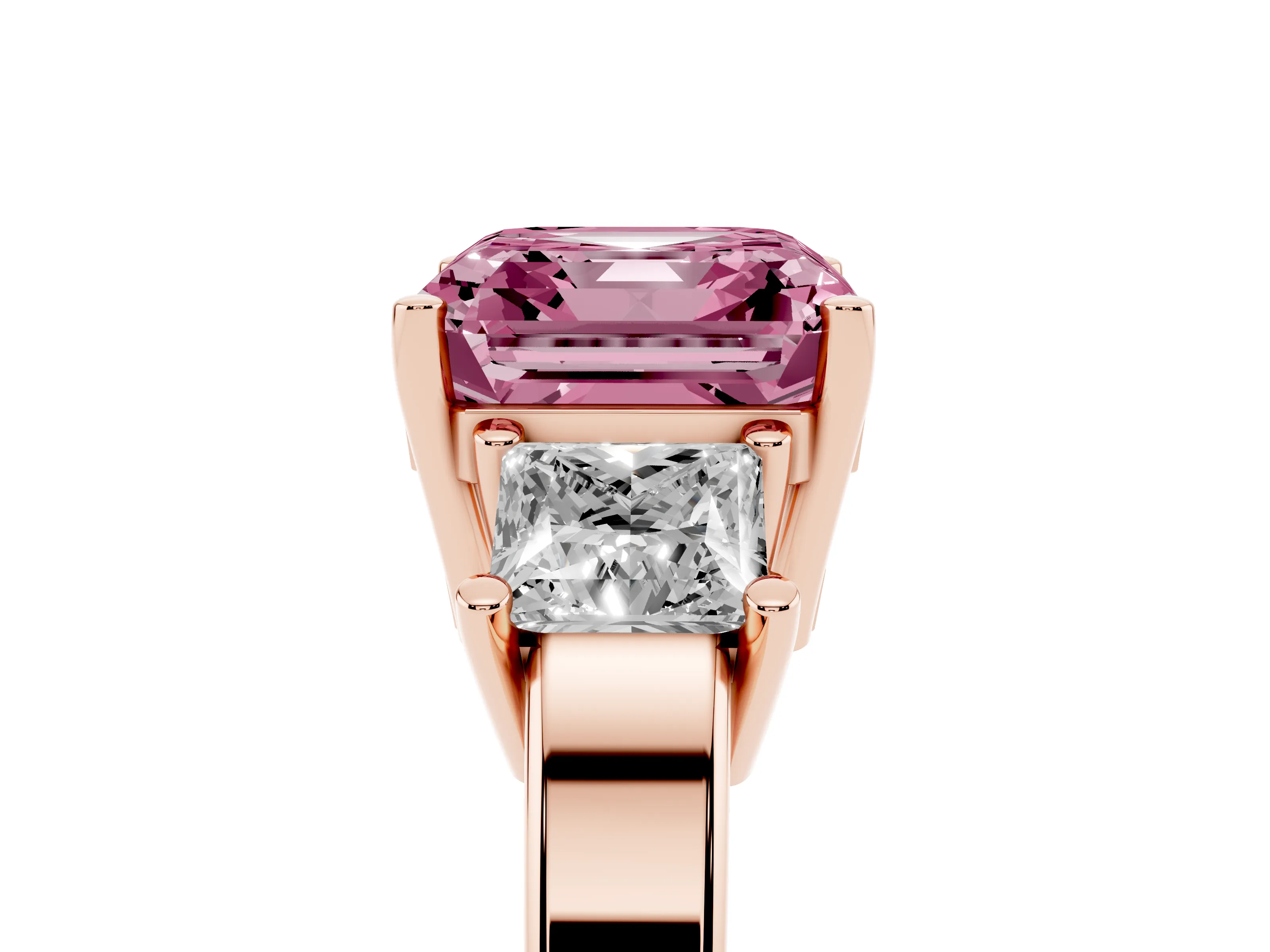 Fancy Pink Three-Stone Asscher Cut Diamond Solitaire Ring Set in Rose gold with Prong Setting