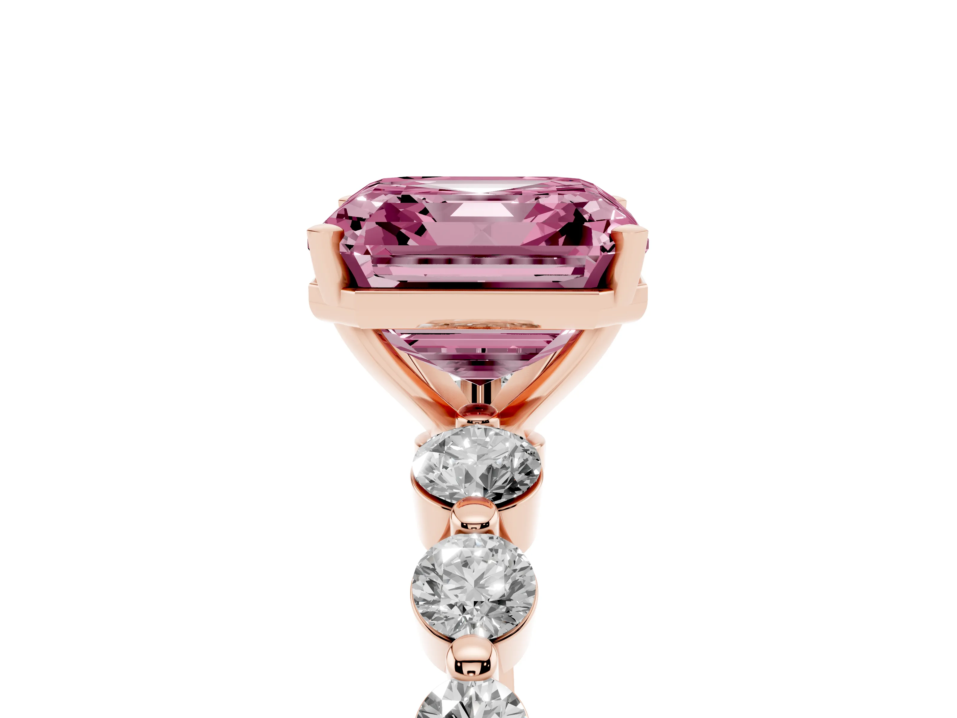 Fancy Pink Asscher Cut Diamond Solitaire Ring Set in Rose gold with Pavé Band and Prong Setting