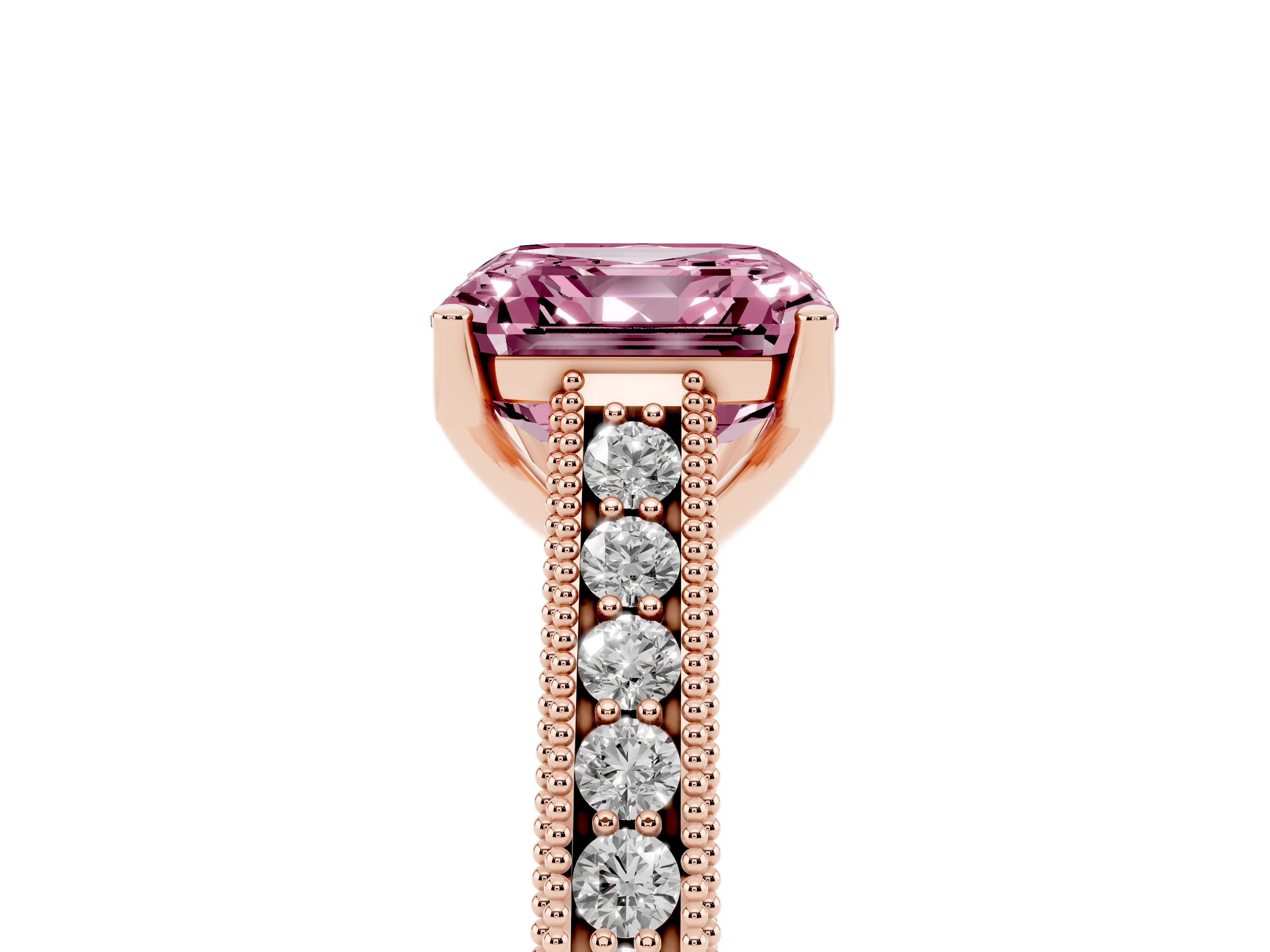 Fancy Pink Asscher Cut Diamond Milgrain Pavé Band Solitaire Ring Set in Rose gold with Prong Setting