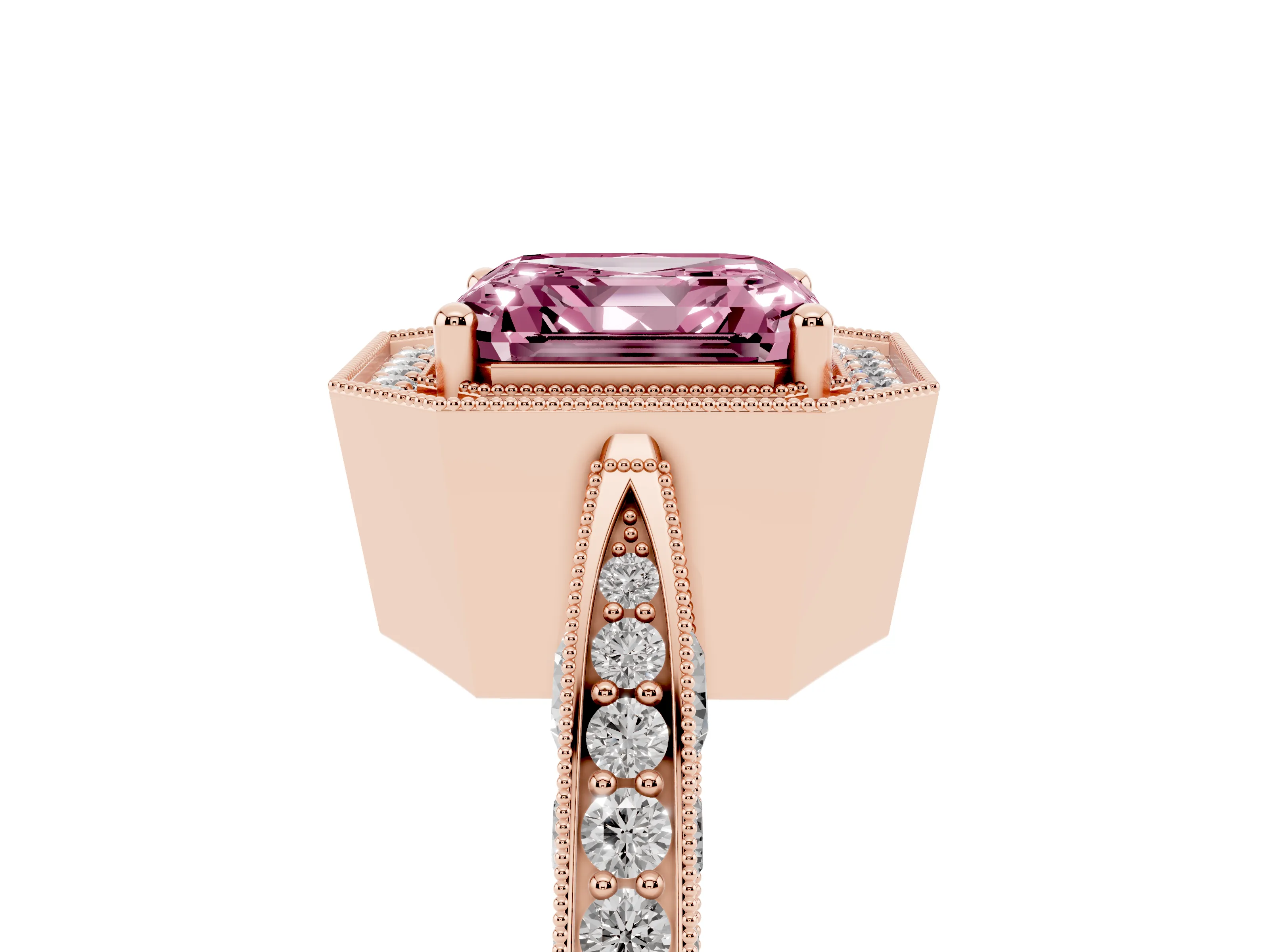 Fancy Pink Asscher Cut Diamond Halo Engagement Ring Set in Rose gold with Accent Split Shank Band