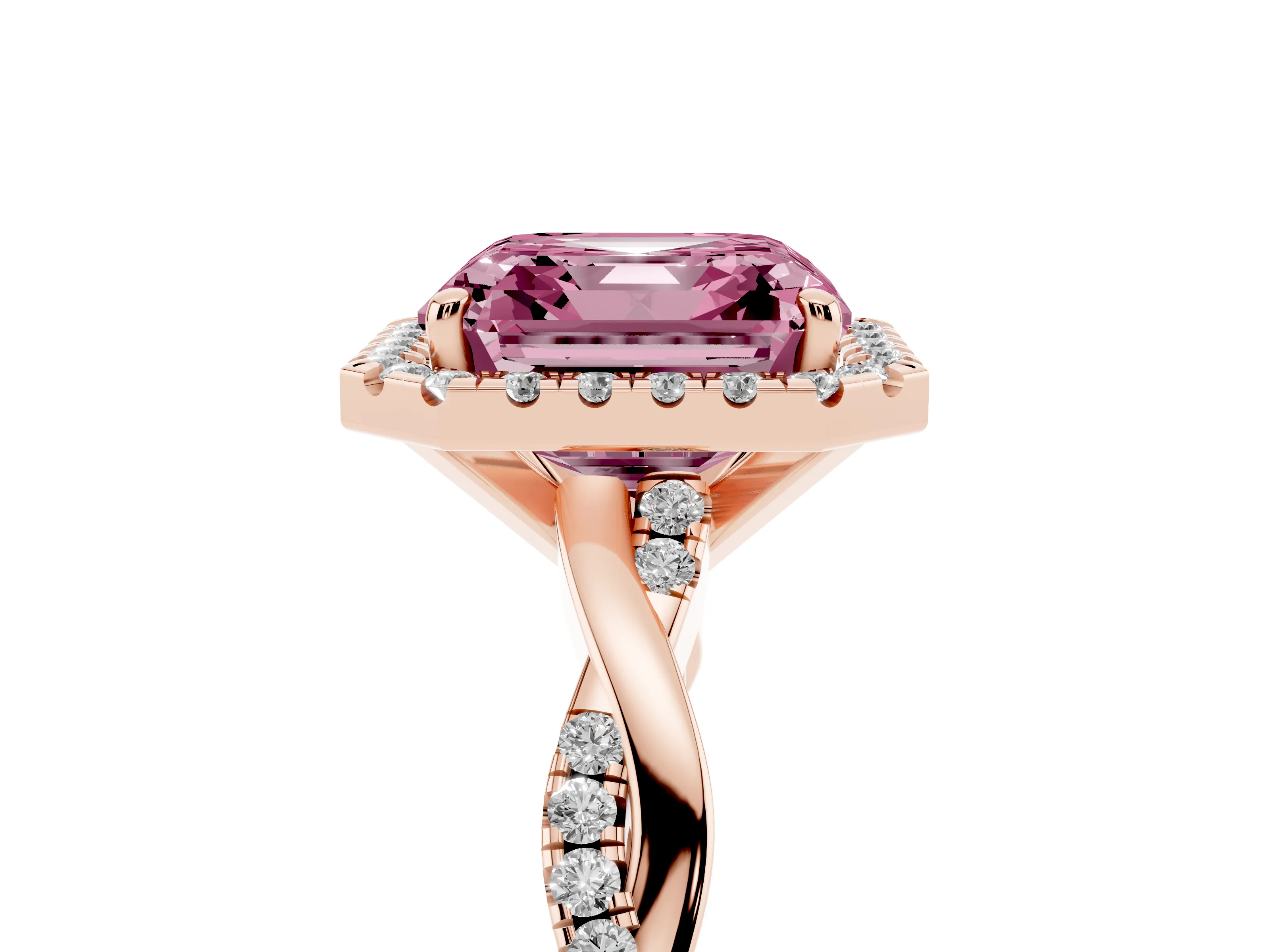 Fancy Pink Asscher Cut Diamond Halo Twisted Band Ring Set in Rose gold with Prong Setting