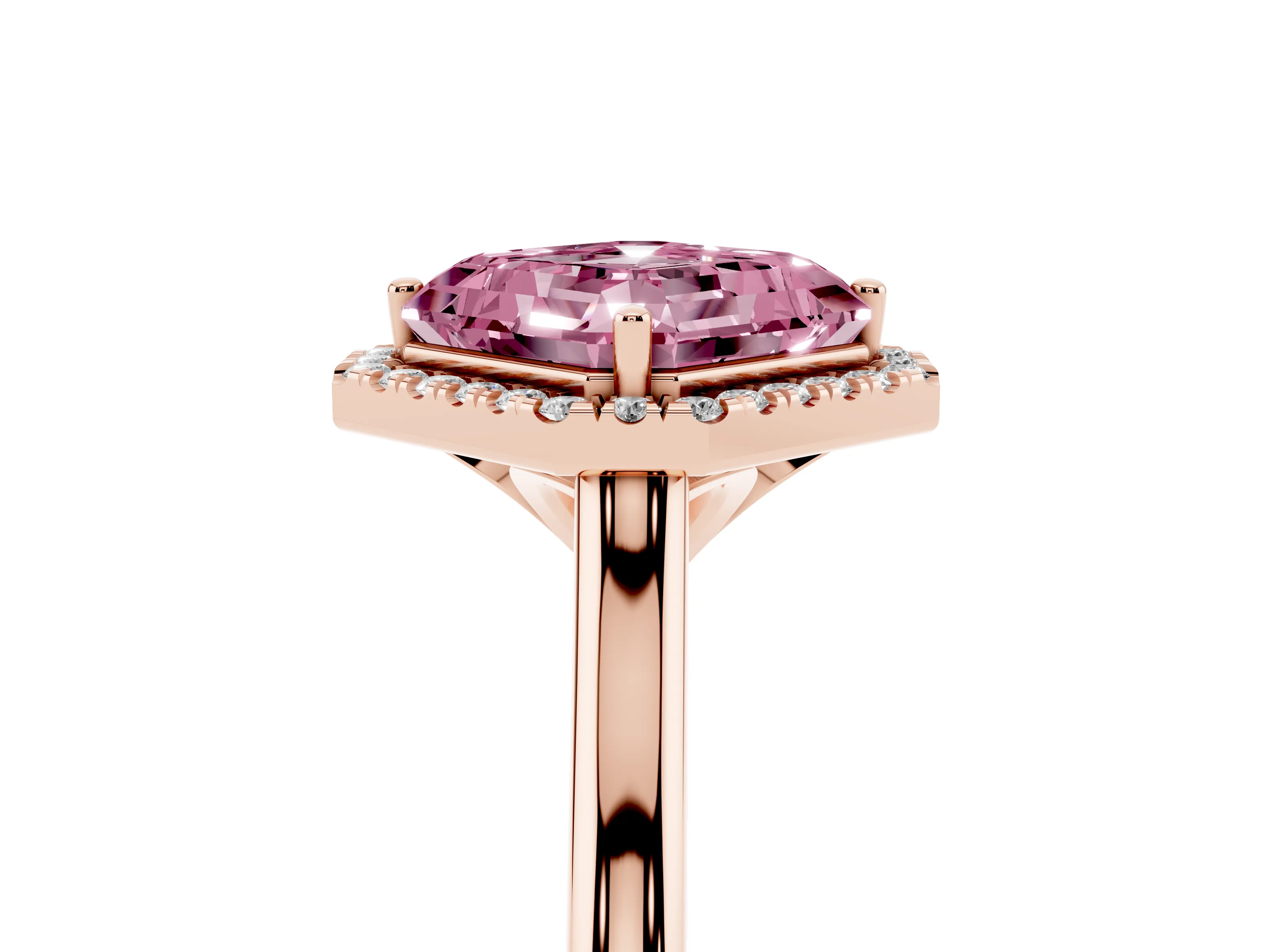Fancy Pink Asscher Cut Diamond Halo Engagement Ring Set in Rose gold with Pavé Band and Rising Shoulders