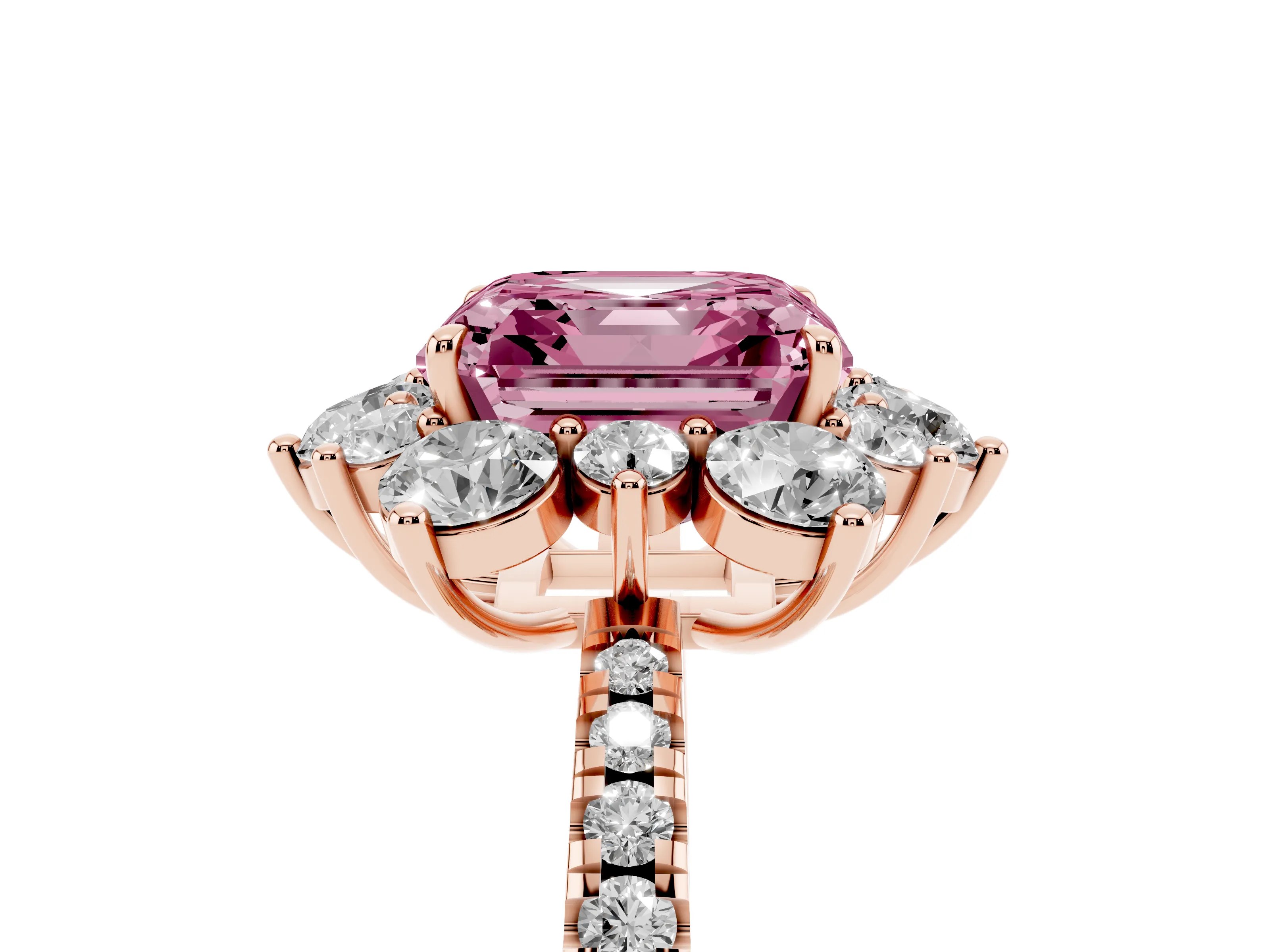 Fancy Pink Asscher Cut Diamond Floral Halo Ring Set in Rose gold with Round Pavé Band and Prong Setting