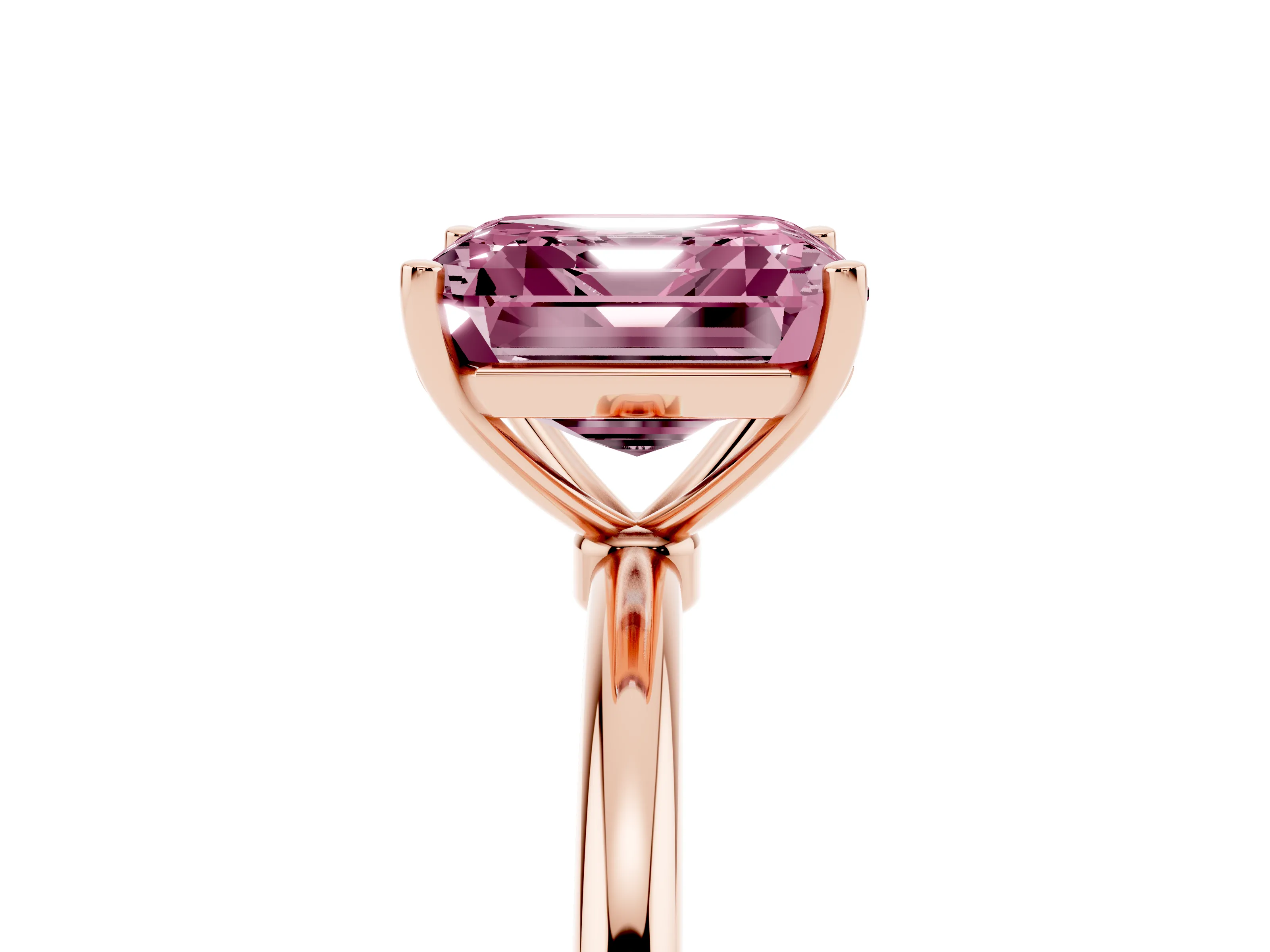 Fancy Pink Asscher Cut Diamond Solitaire Engagement Ring Set in Rose gold with Thin Band and Prong Setting