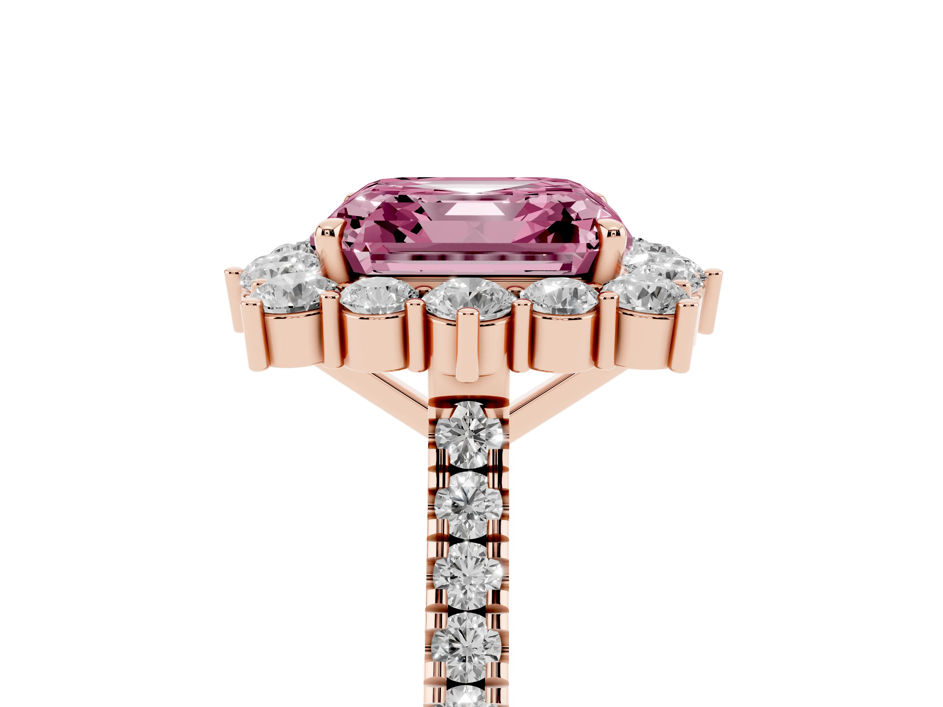 Fancy Pink Asscher Cut Diamond Halo Ring Set in Rose gold with Pavé Band and Prong Setting