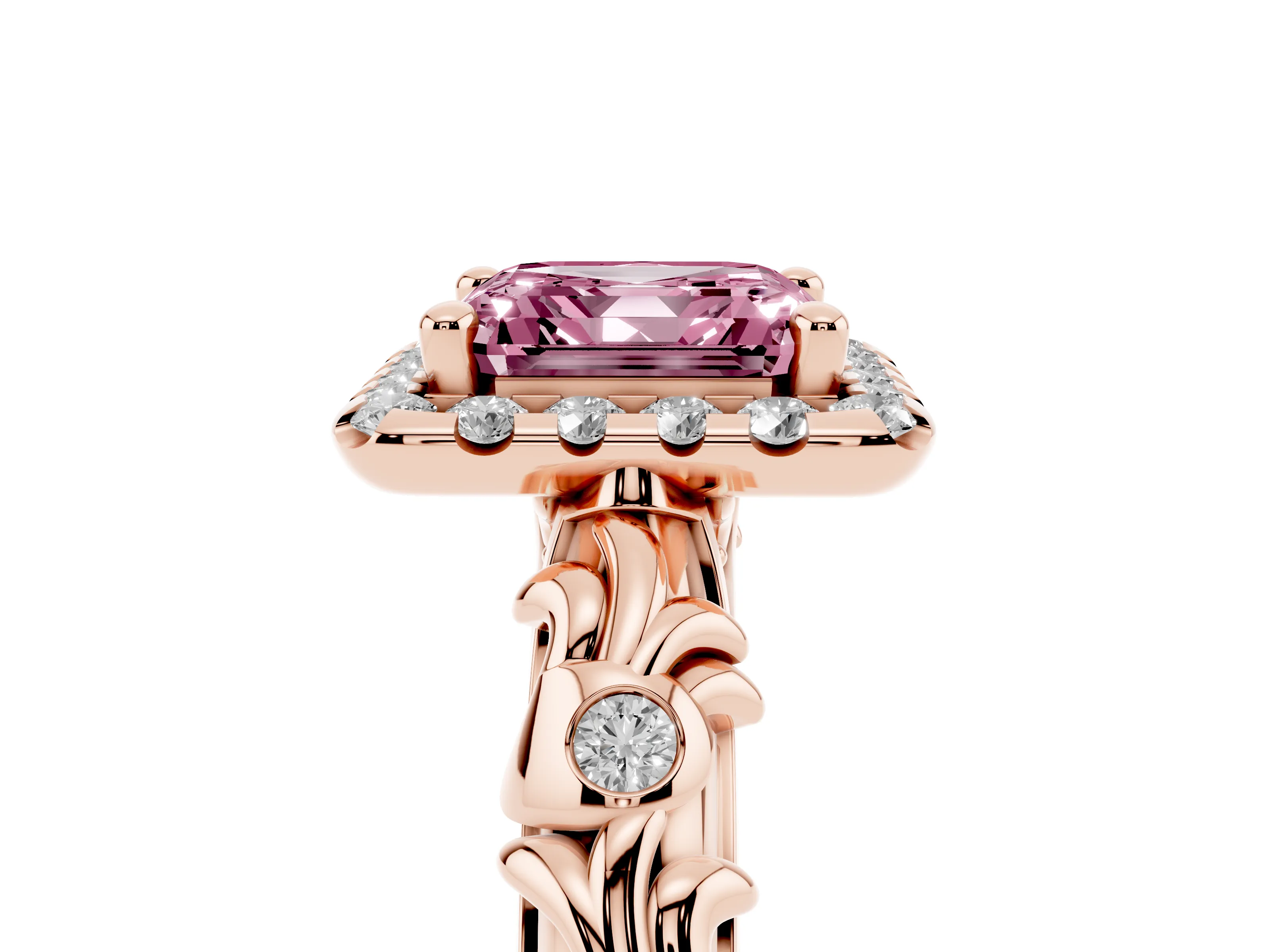 Fancy Pink Asscher Cut Diamond Halo Ring Set in Rose gold with Filigree Leaf Band and Prong Setting